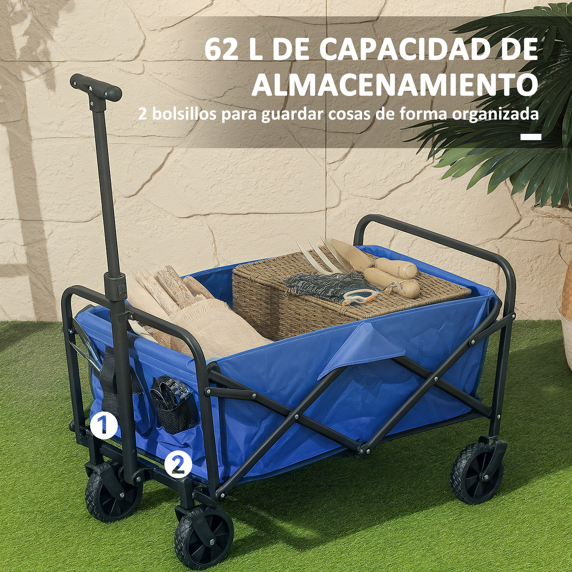 Un carro plegable azul con herramientas y una cesta sobre césped artificial.