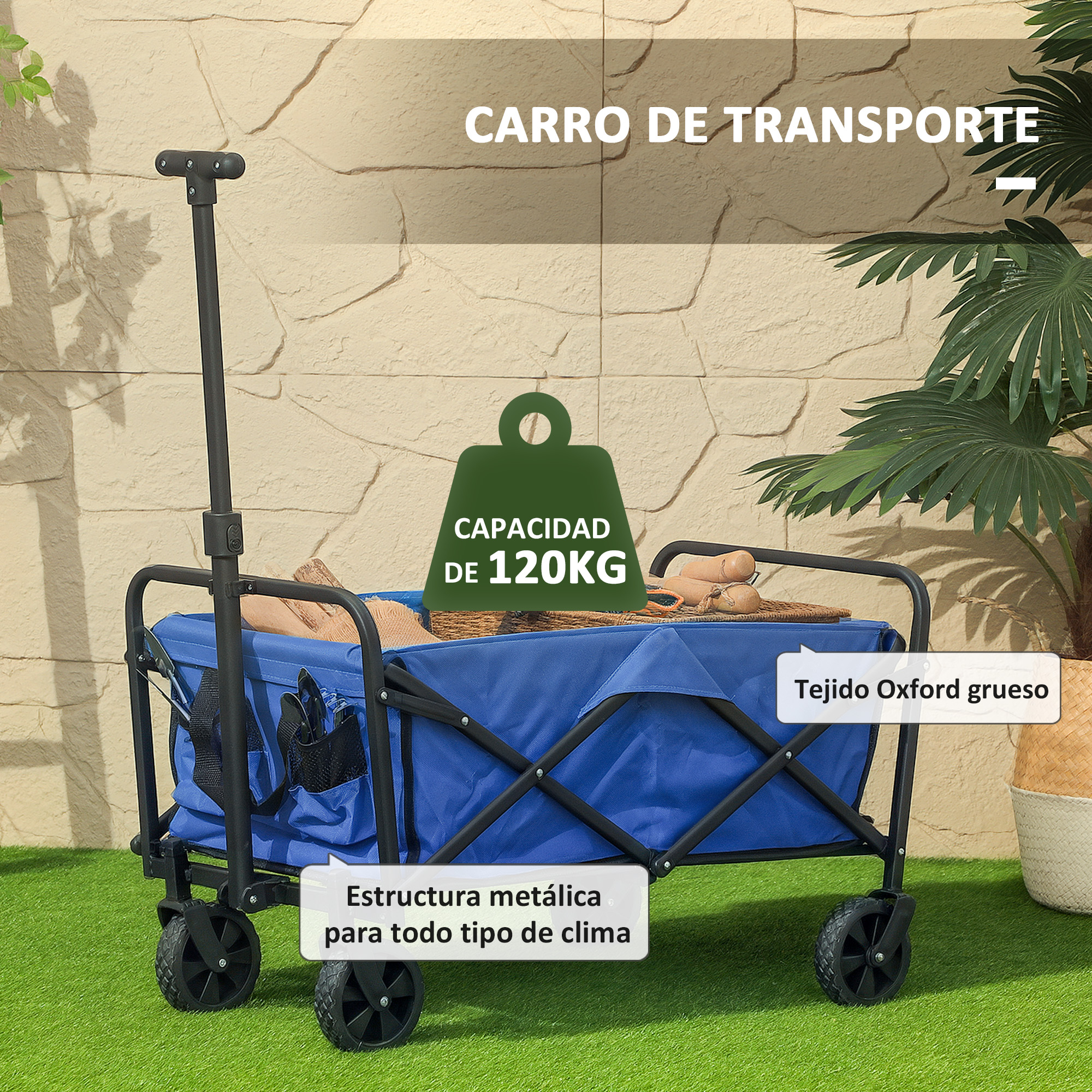 Un carro de transporte azul con marco y asa de metal negro sobre césped artificial.