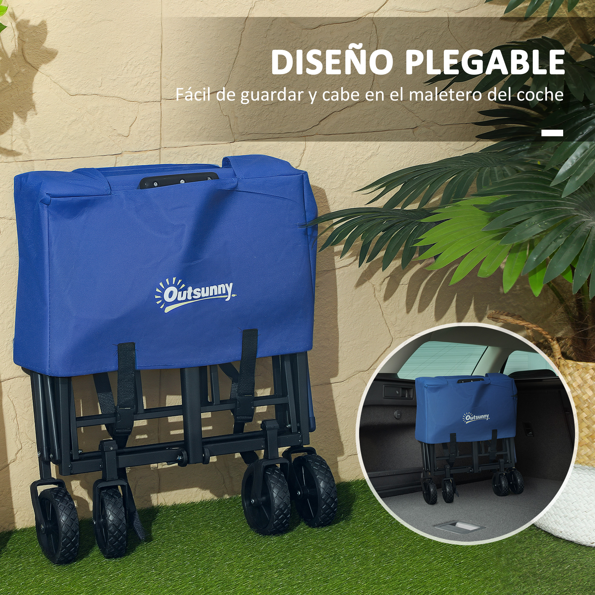 Carro plegable azul con ruedas sobre césped artificial. Guardado en coche.