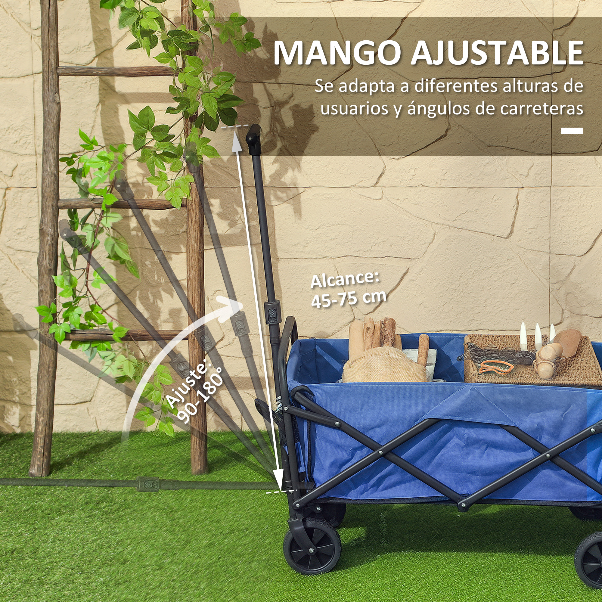Un carrito azul con asa ajustable está sobre césped artificial junto a una escalera.