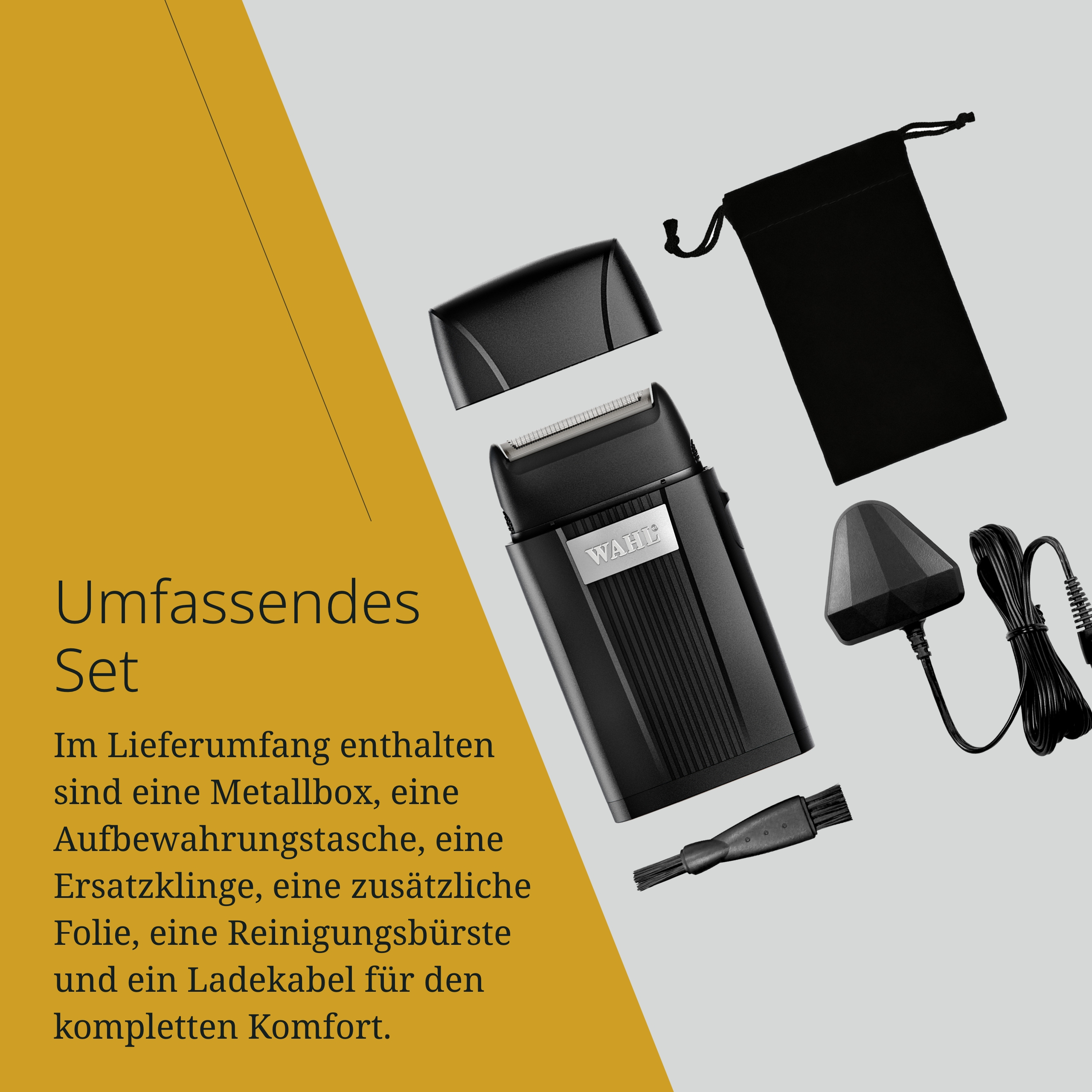 Czarna golarka z akcesoriami: ładowarka, szczoteczka, etui i części zamienne.