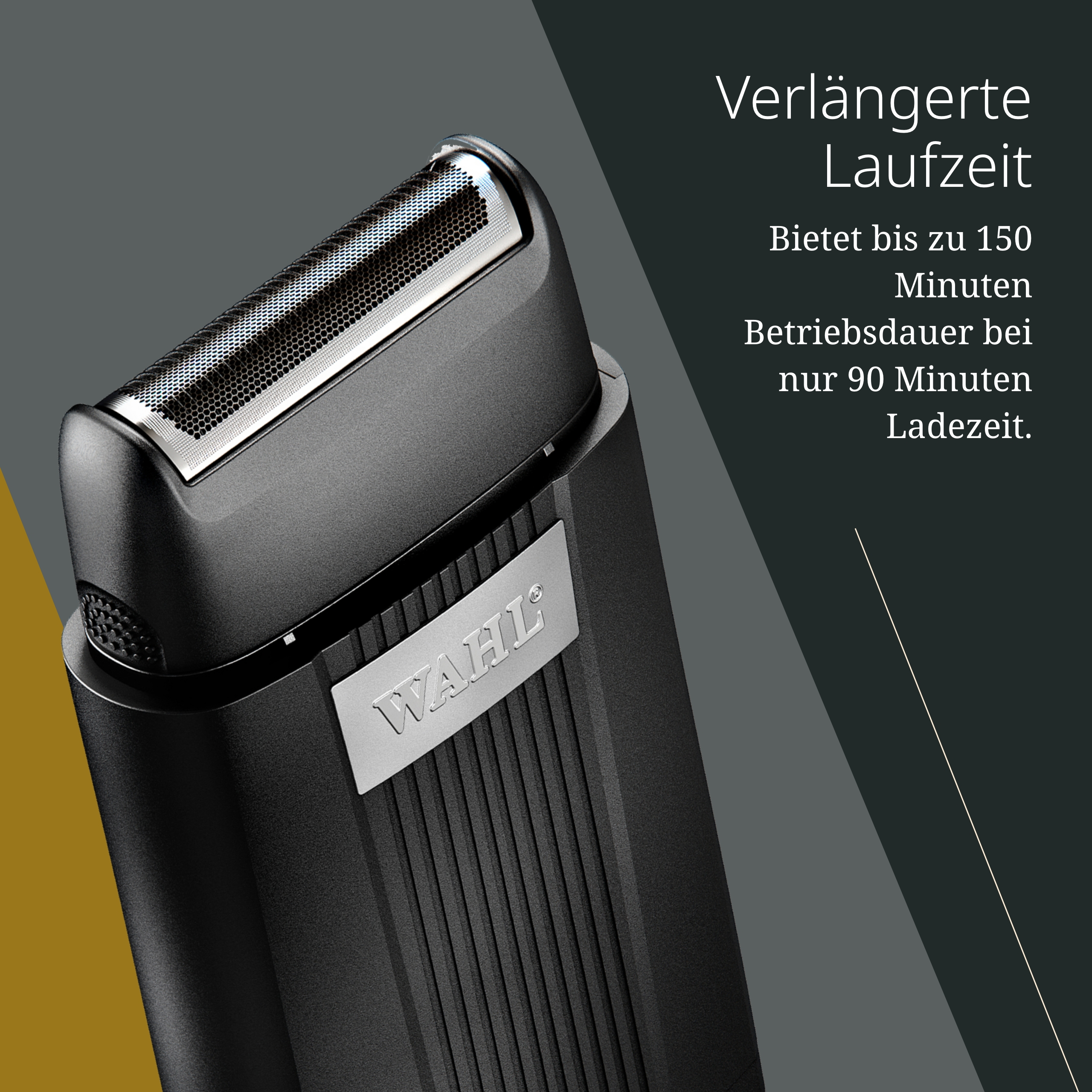 Czarna maszynka Wahl z srebrnym logo i szczegółową główką foliową.