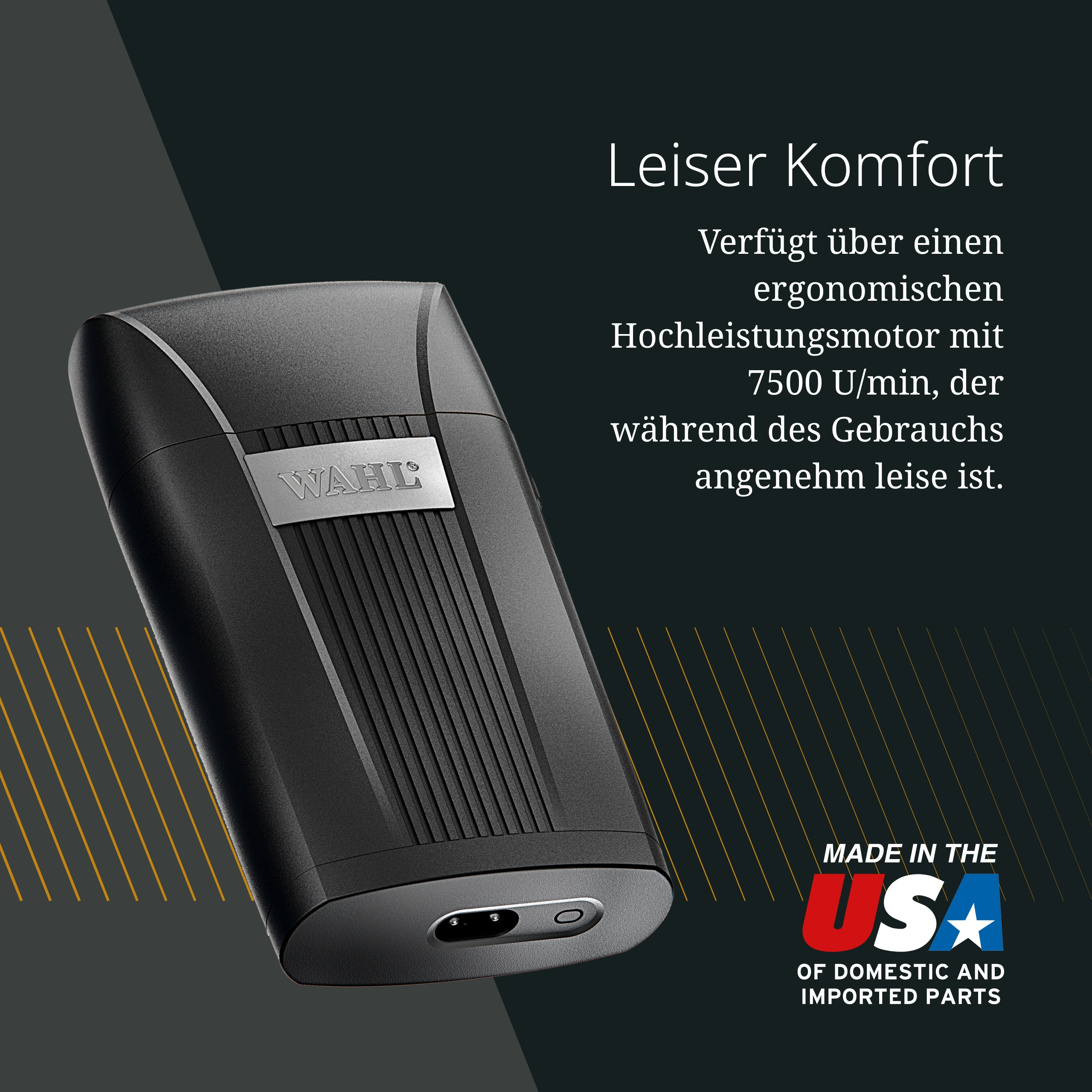 Czarna maszynka WAHL z tekstem i logo USA na ciemnym tle.