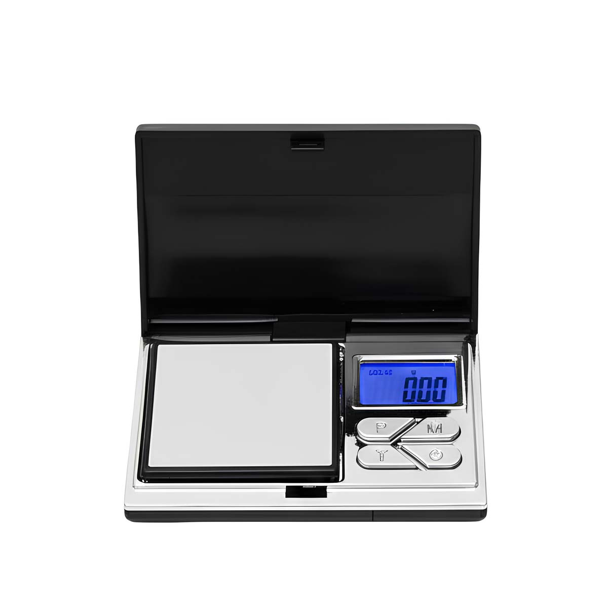 Eine offene digitale Waage mit silberner Wiegefläche und blauem Display.
