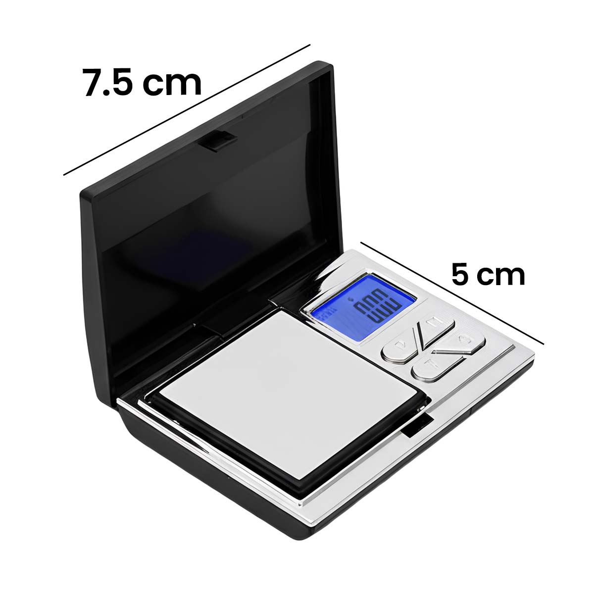 Kompakte digitale Waage mit silberner Wiegefläche und blauem Display.