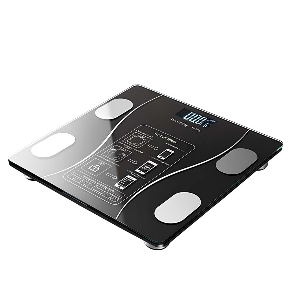 Schwarze digitale Personenwaage mit Anleitung und LCD-Anzeige.