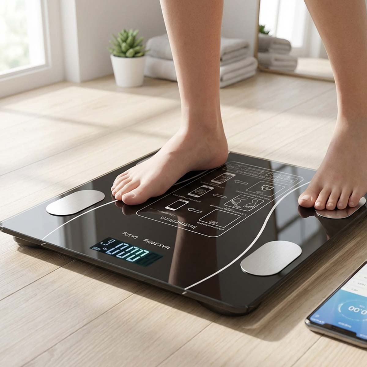 Füße auf einer schwarzen digitalen Waage mit grünem Display, daneben ein Smartphone.