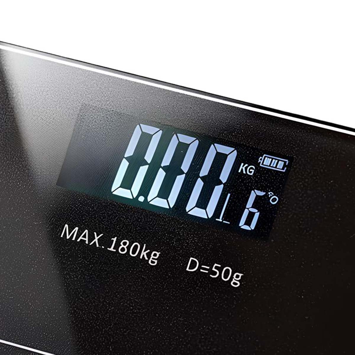 Digitalwaage zeigt 0,00 kg, MAX 180kg, D=50g an. Batteriesymbol ist voll.