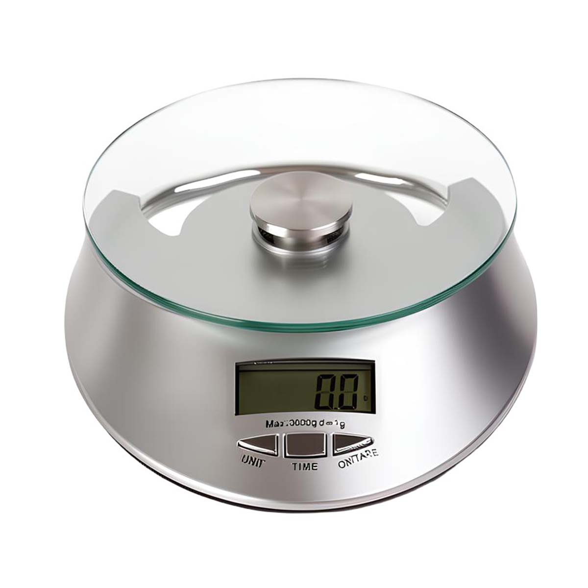 Eine silberne digitale Küchenwaage mit Glasoberfläche und LCD-Anzeige.