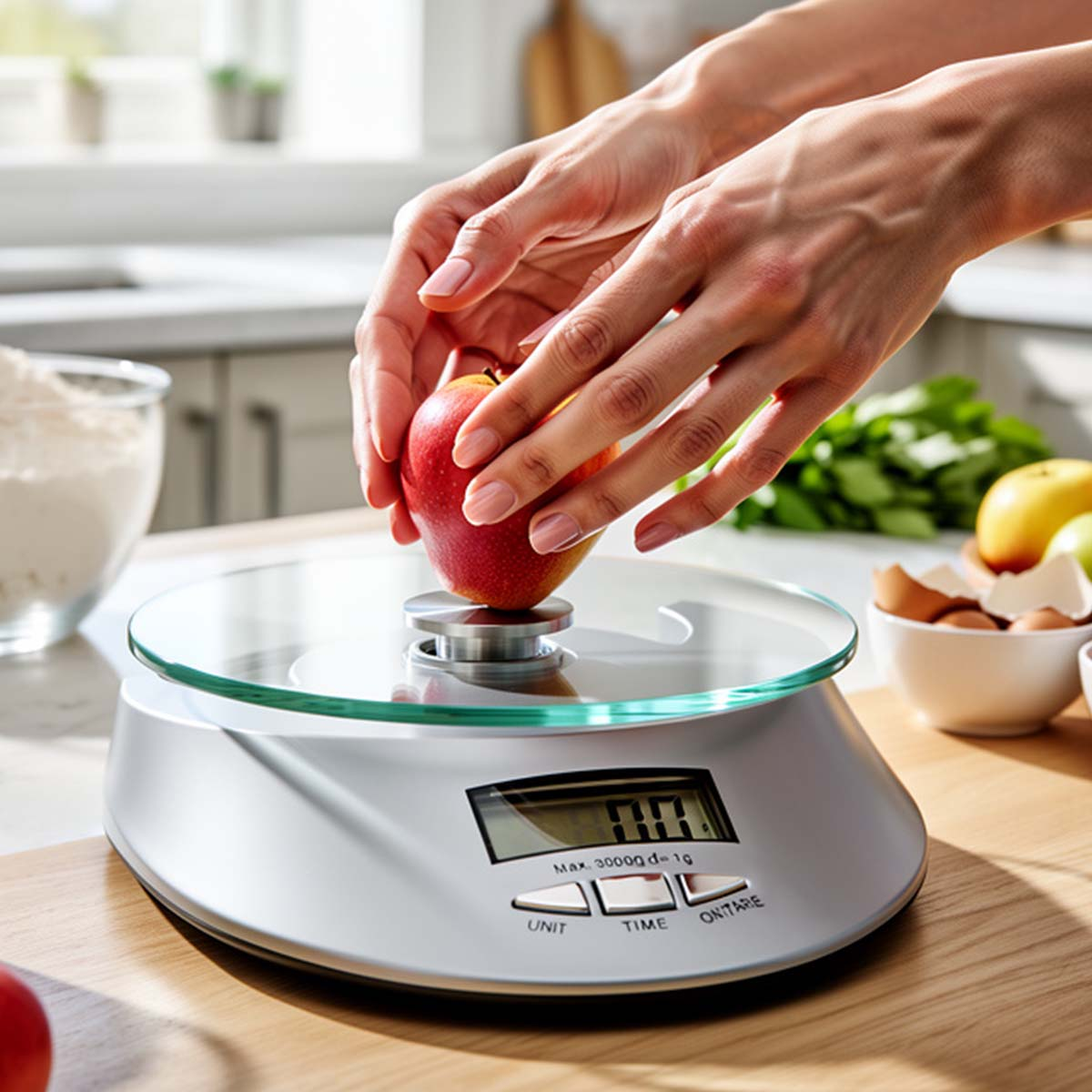 Hände legen einen roten Apfel auf eine digitale Küchenwaage. Mehl, Eier und Obst sind in der Nähe.