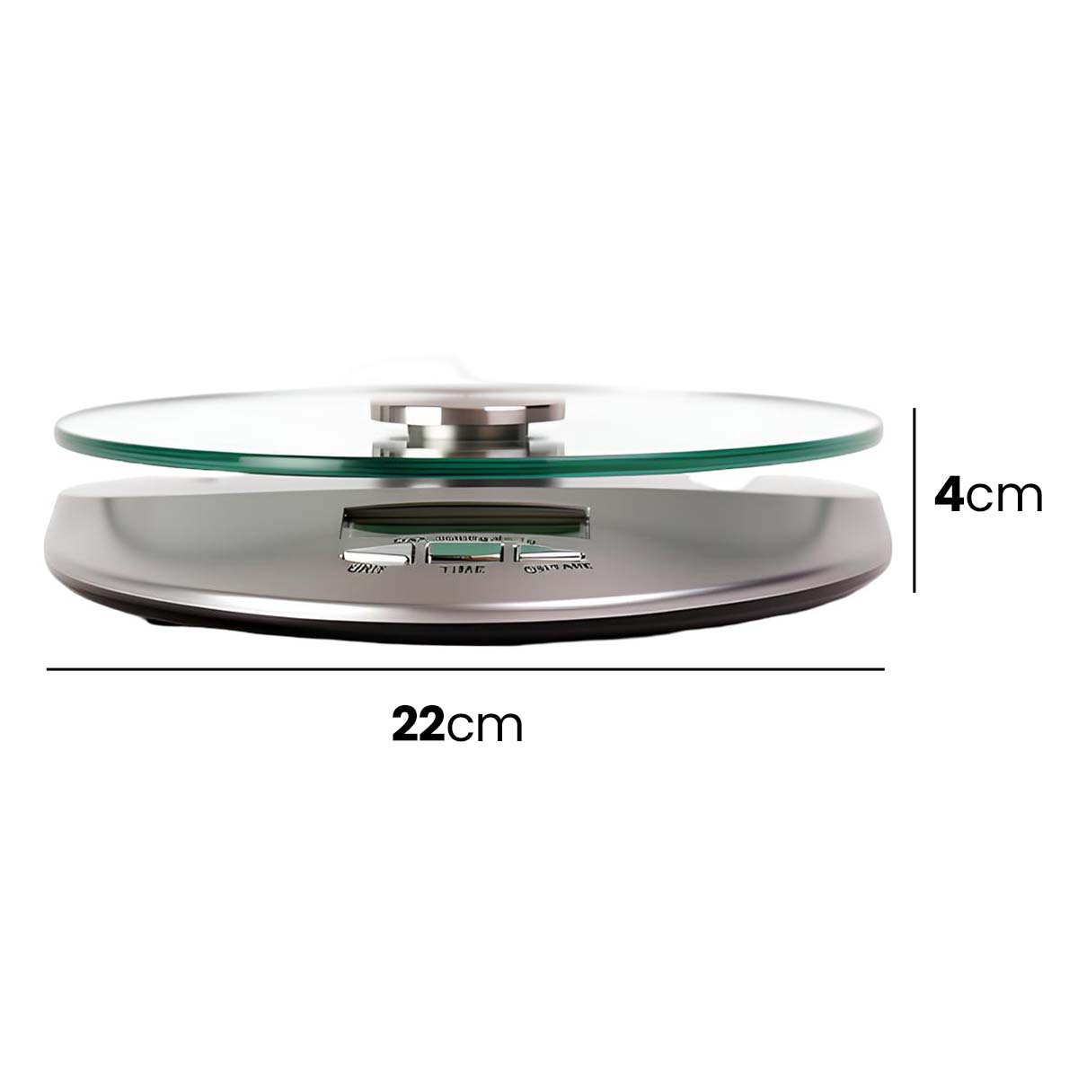 Eine silberne Waage mit Glasoberfläche, 4cm hoch und 22cm breit.