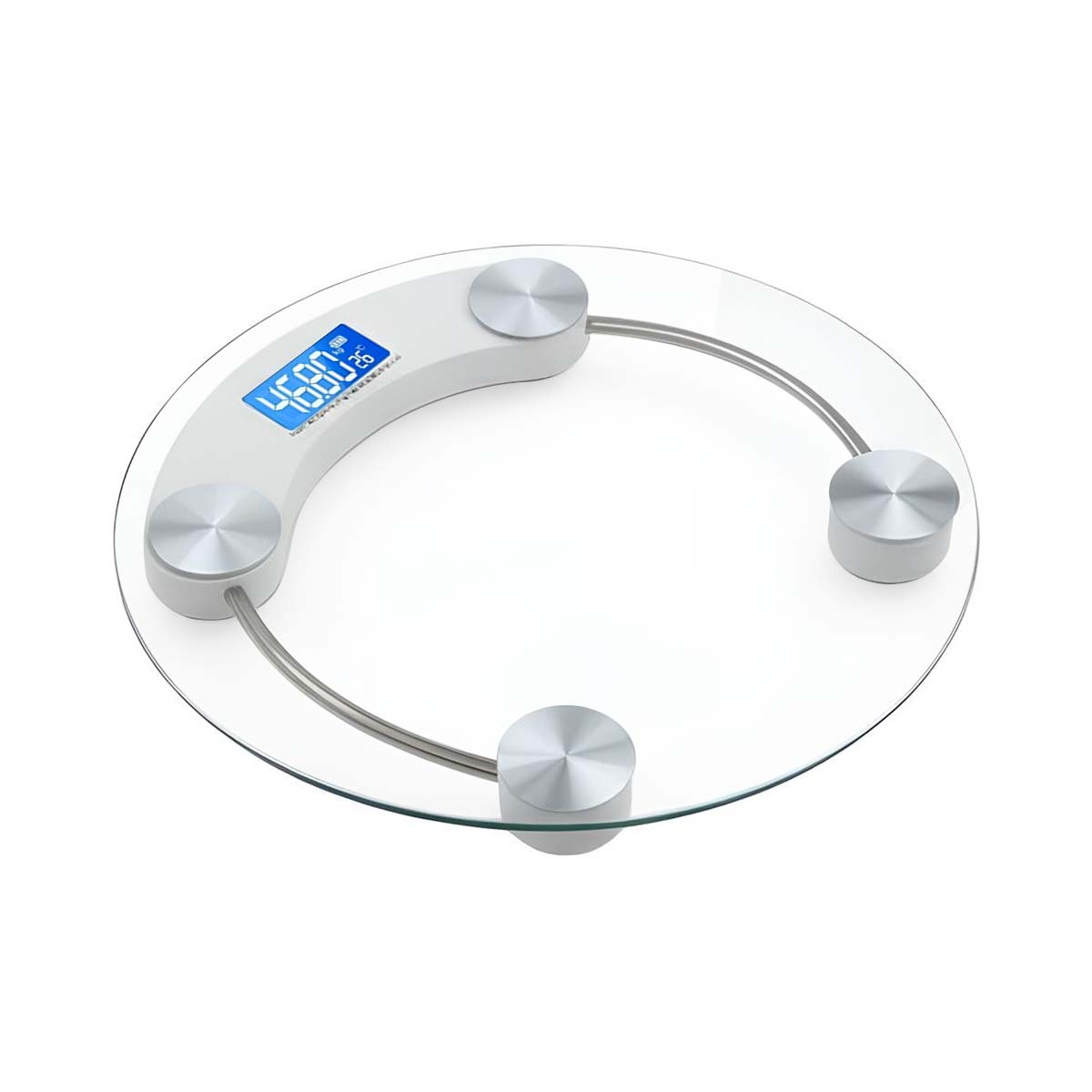 Una báscula redonda de vidrio con pantalla digital muestra 46,80 kg.