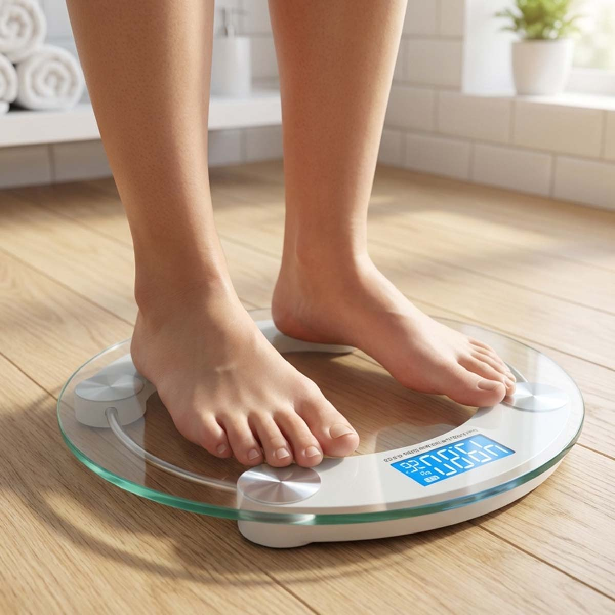 Pies sobre una báscula digital en un baño con suelo de madera. La báscula muestra 49.9 kg.