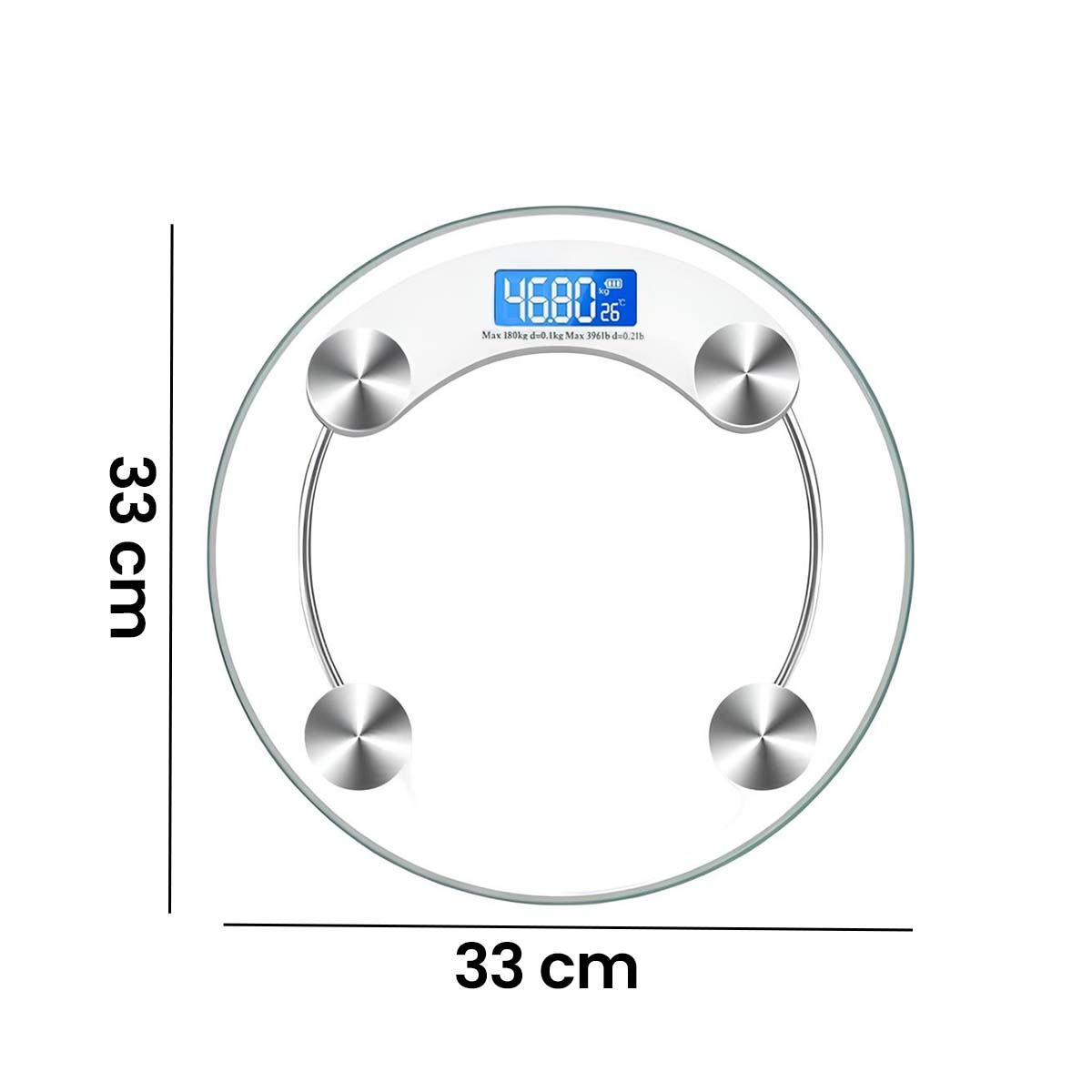 Una báscula digital redonda de vidrio, de 33cm de ancho, muestra 46,80 kg.