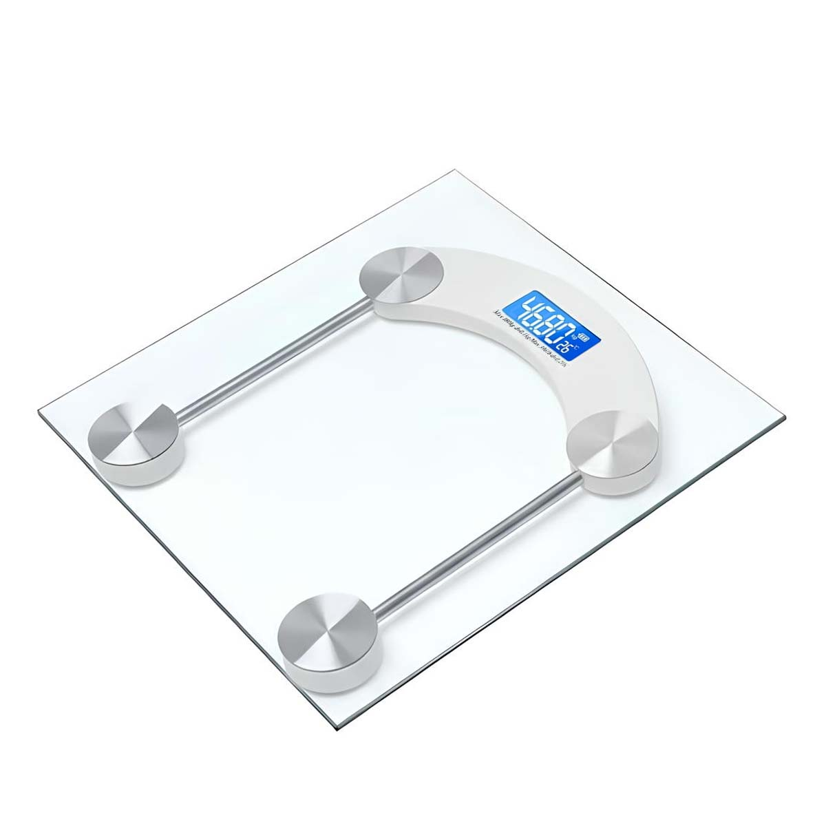 Una báscula digital de vidrio con pantalla LCD azul que muestra 46,80 kg.
