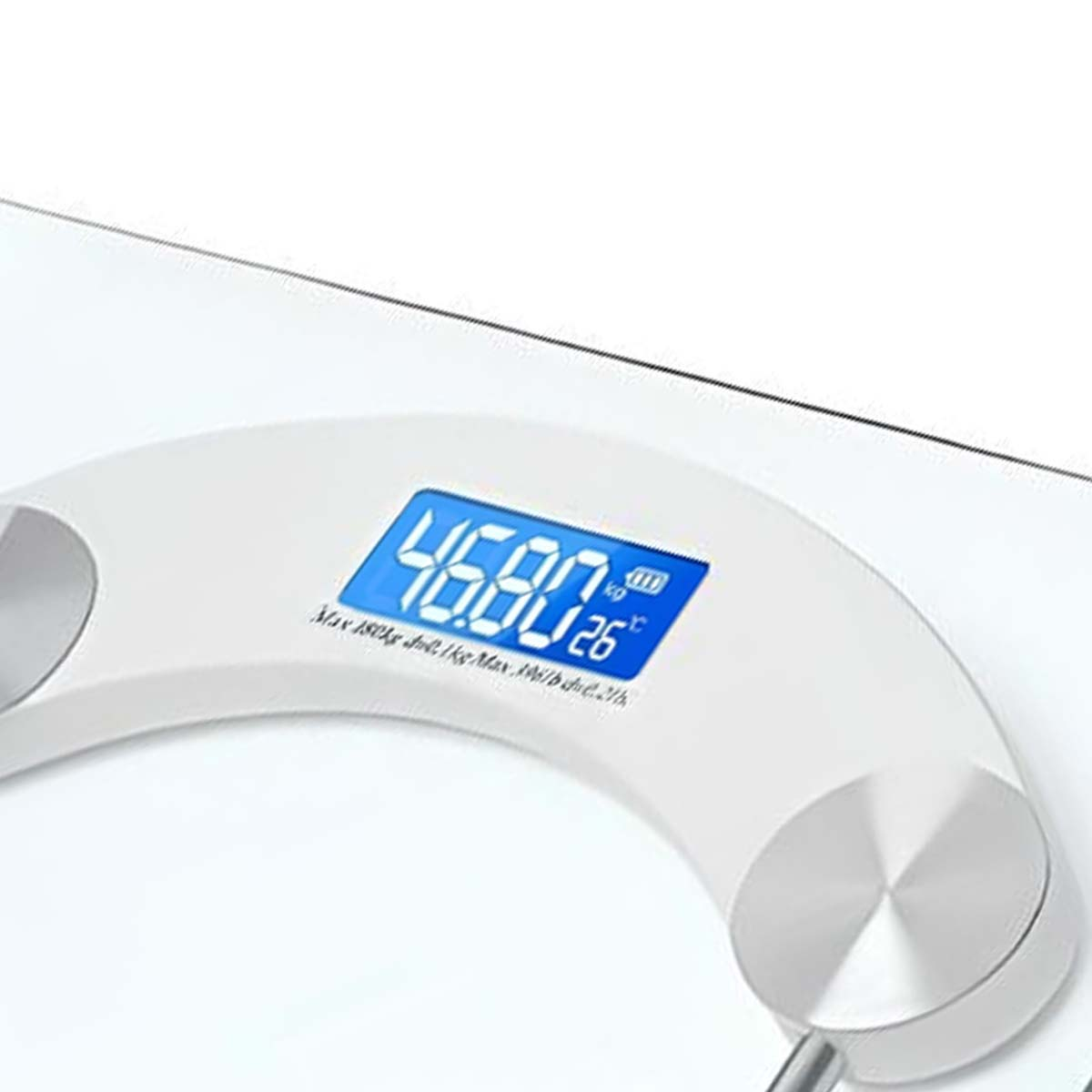 Balanza digital con pantalla azul muestra 46,8 kg y 26°C.