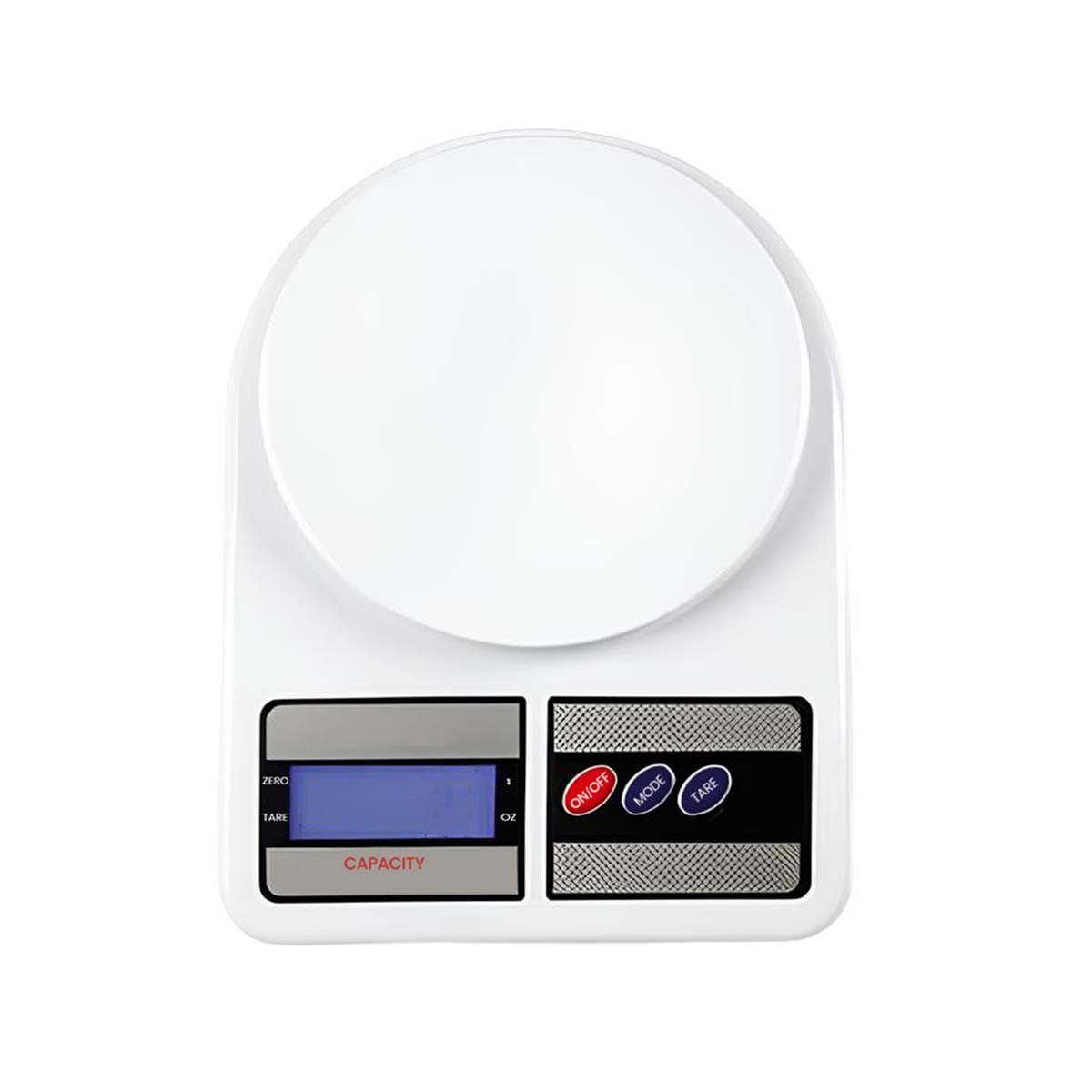 Weiße digitale Küchenwaage mit LCD-Display und drei Bedientasten.