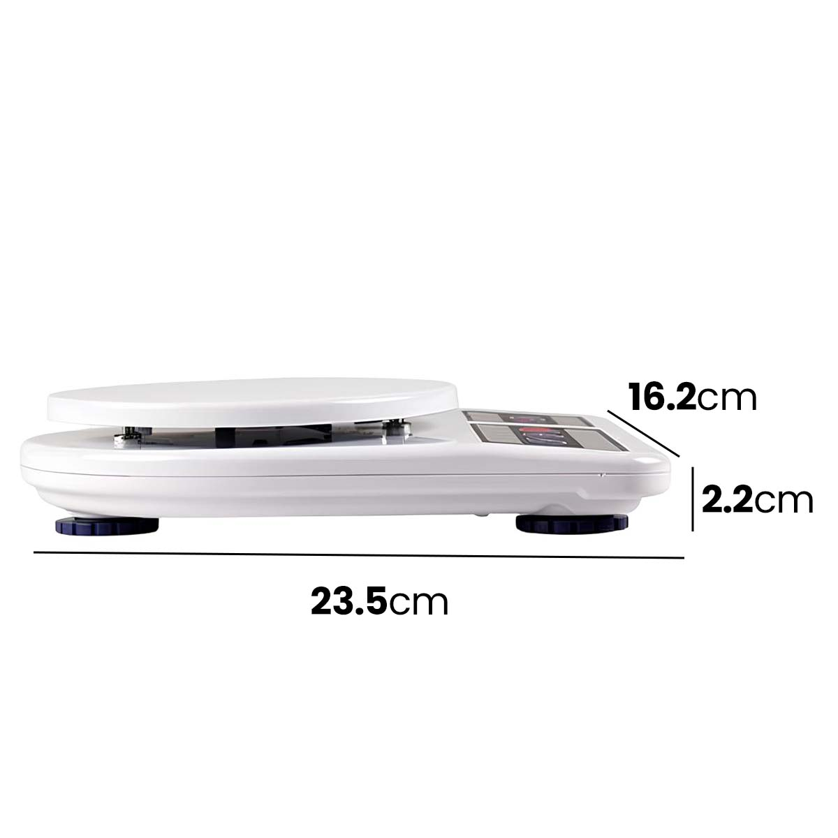 Weiße digitale Waage mit Maßen 23,5 cm L, 16,2 cm B, 2,2 cm H.