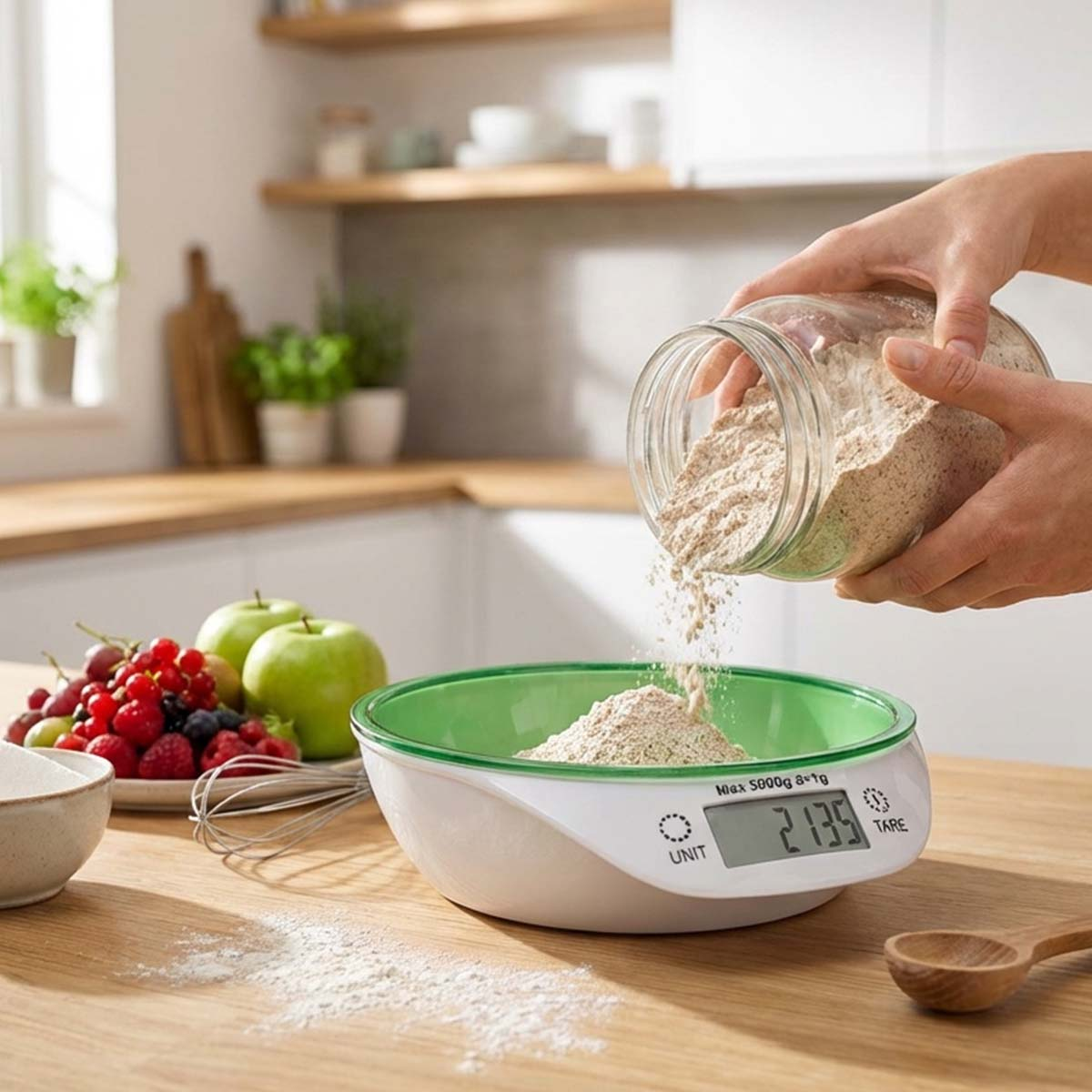 Mehl wird aus einem Glas in eine Küchenwaage mit Obst im Hintergrund gegossen.