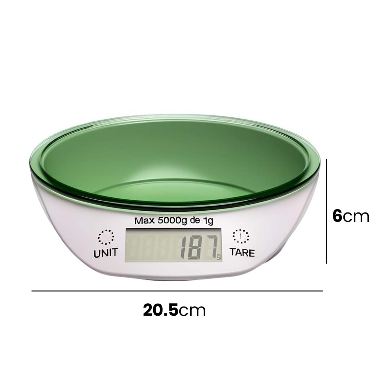 Digitale Küchenwaage mit grüner Schüssel, 20,5 cm breit, 6 cm hoch.