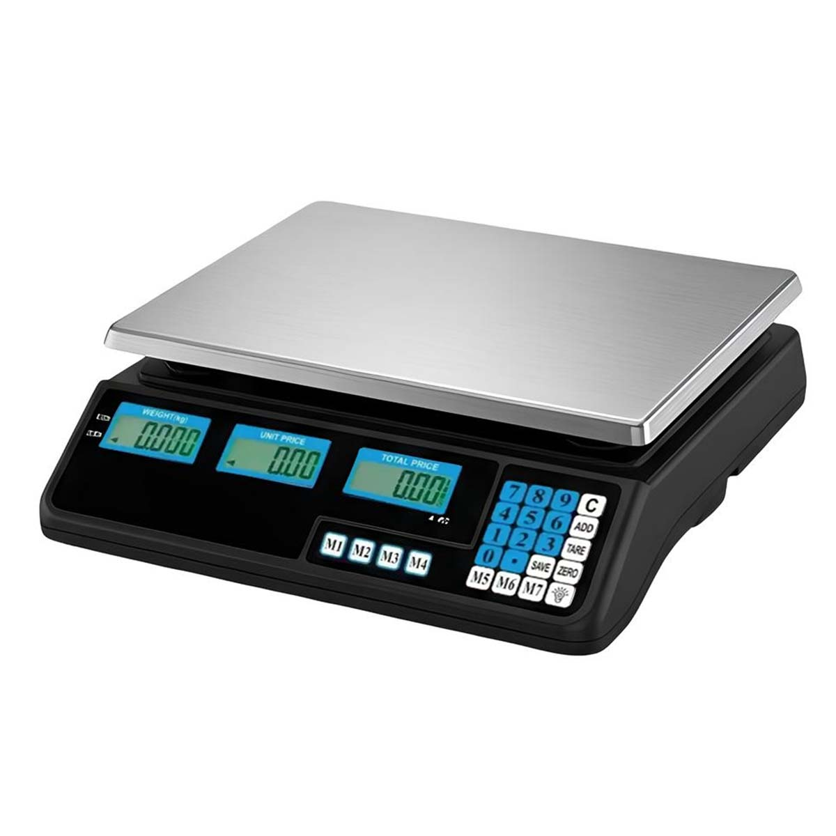 Eine schwarze Digitalwaage mit einer Edelstahl-Wiegeplattform und drei blauen LCD-Anzeigen.