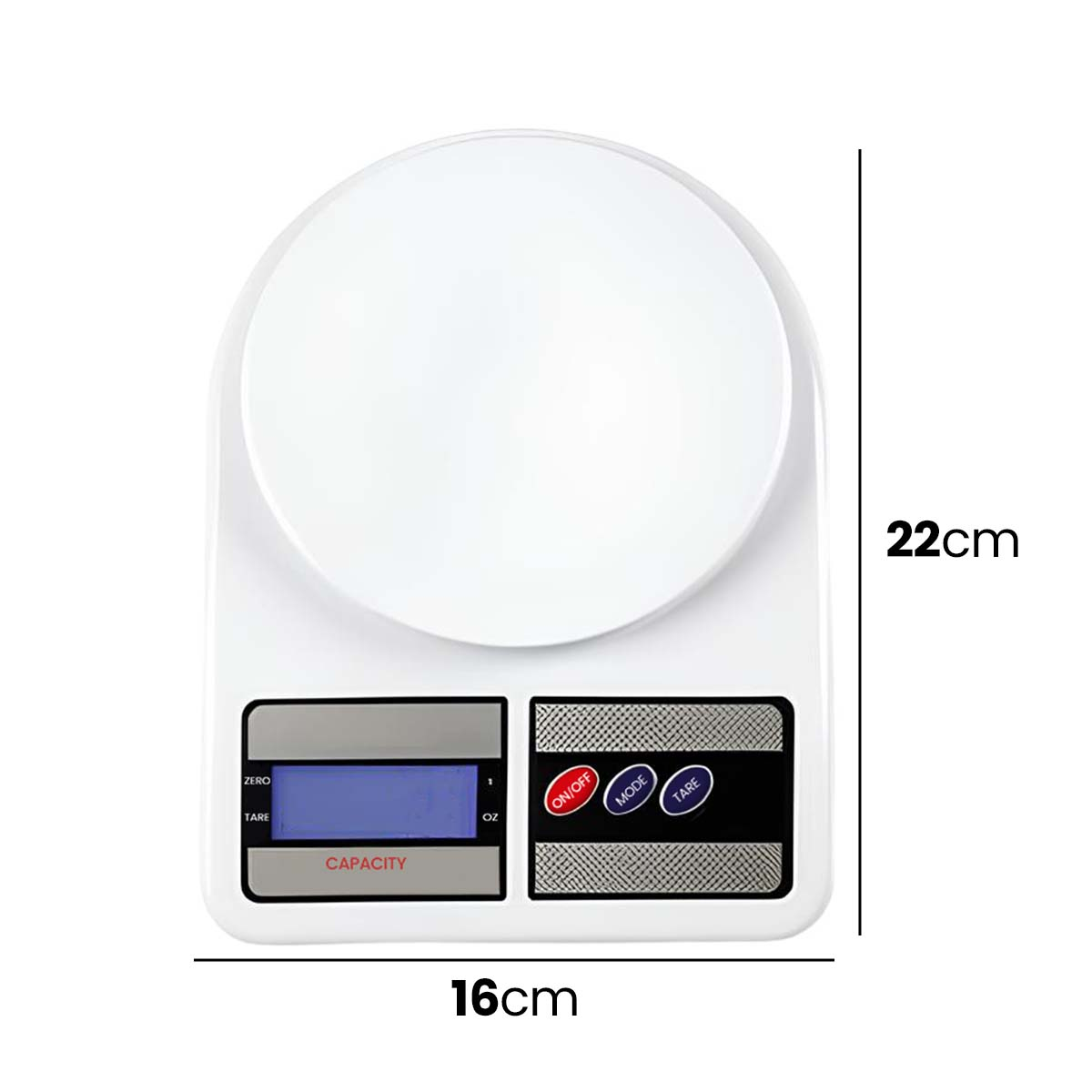 Weie digitale Kchenwaage mit LCD-Display und Bedientasten.