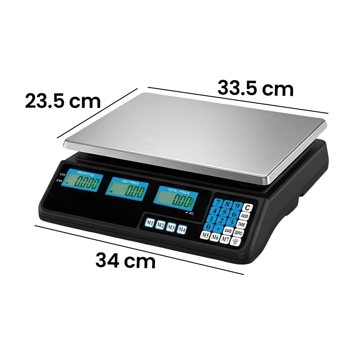 Eine schwarze digitale Waage mit Edelstahlplattform und blauen Displays.