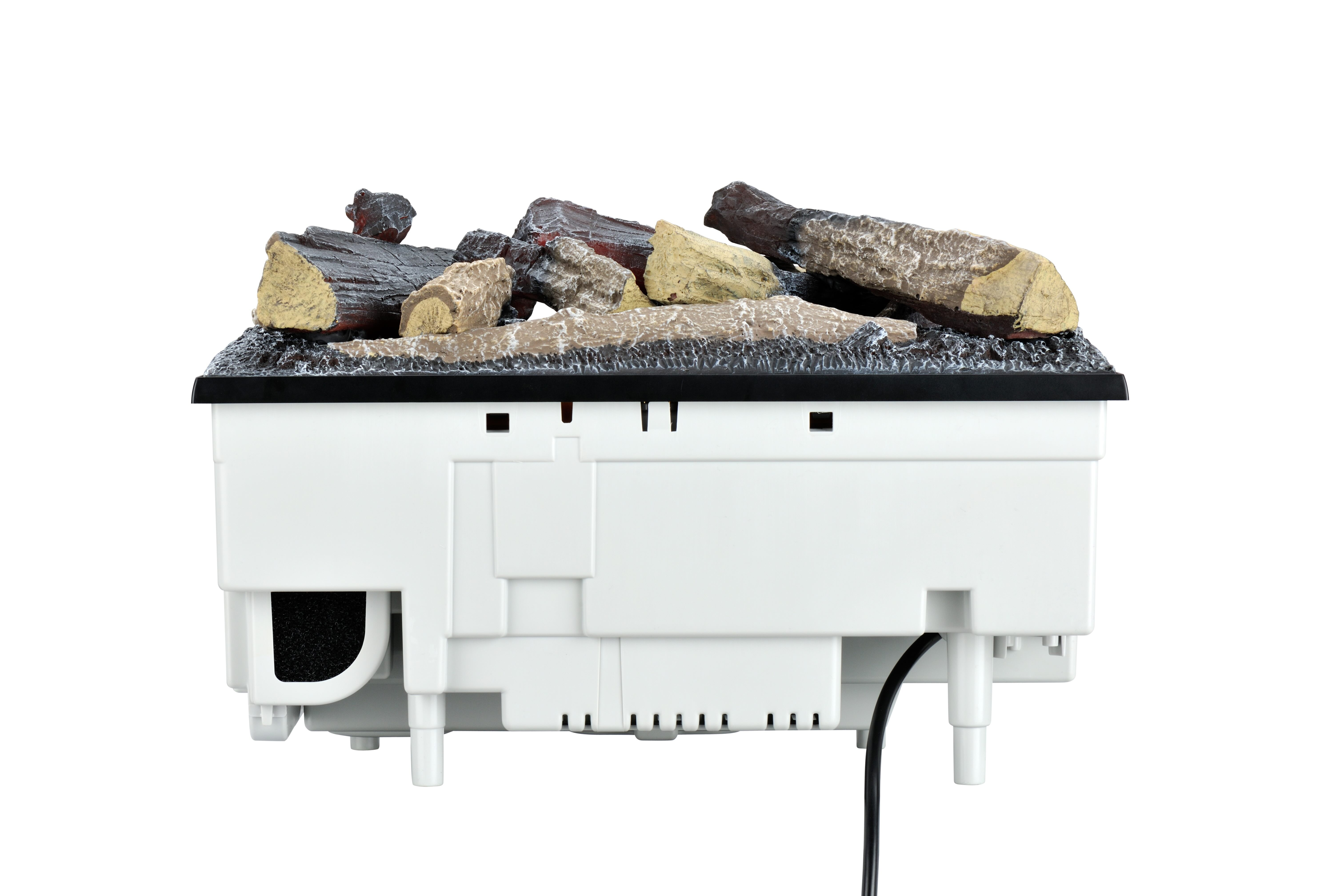 Ein weißes Gehäuse mit künstlichen Holzscheiten und Steinen oben.