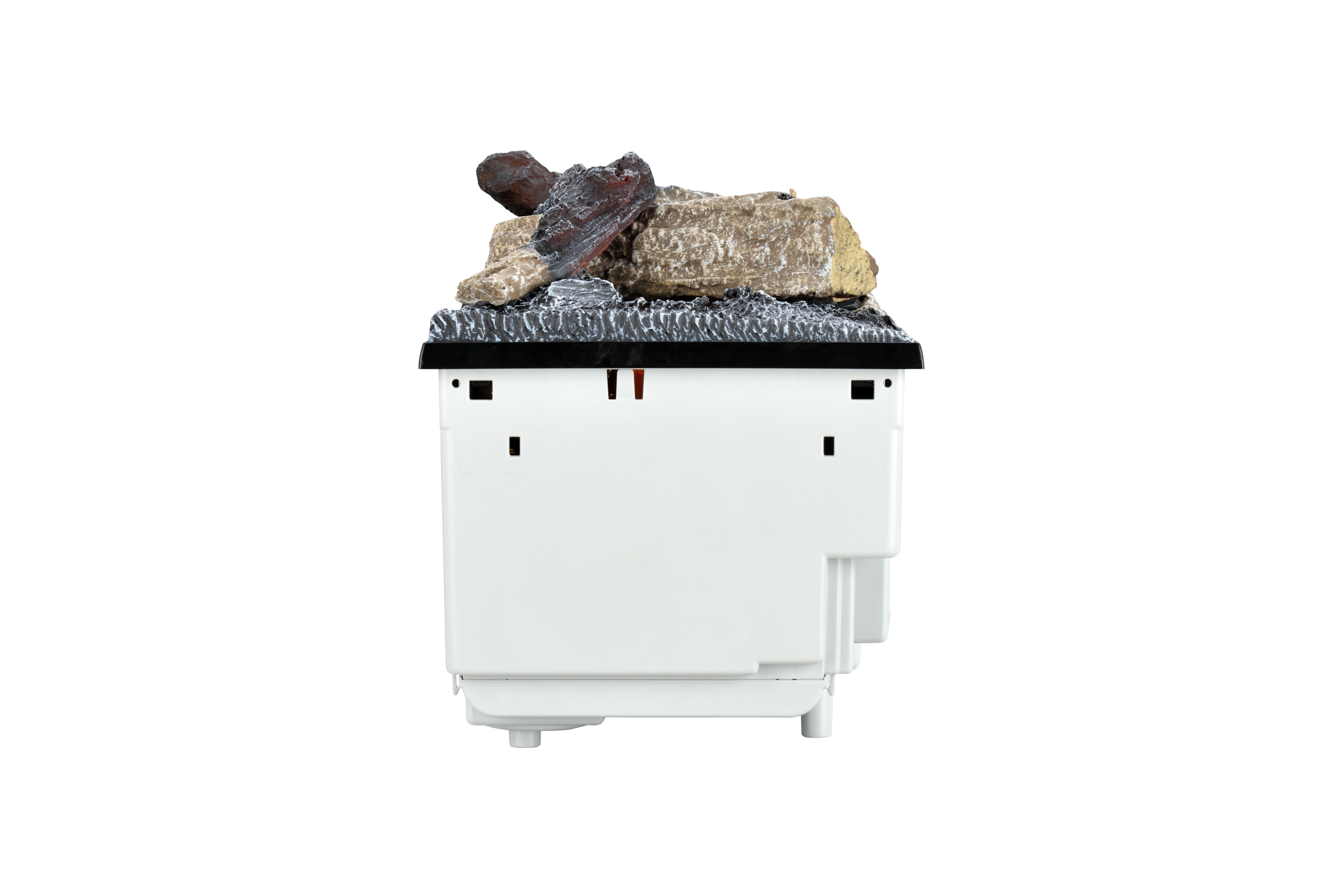 Eine weiße Box mit künstlichen Holzstämmen und Steinen darauf.
