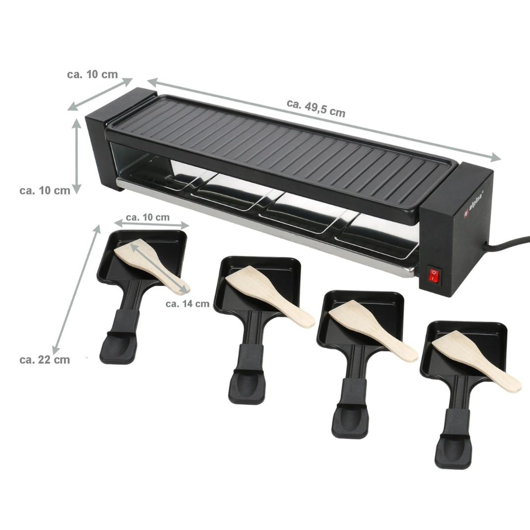 Raclettegrill mit Grillplatte, vier Pfännchen und Holzschiebern. Maße sind angegeben.