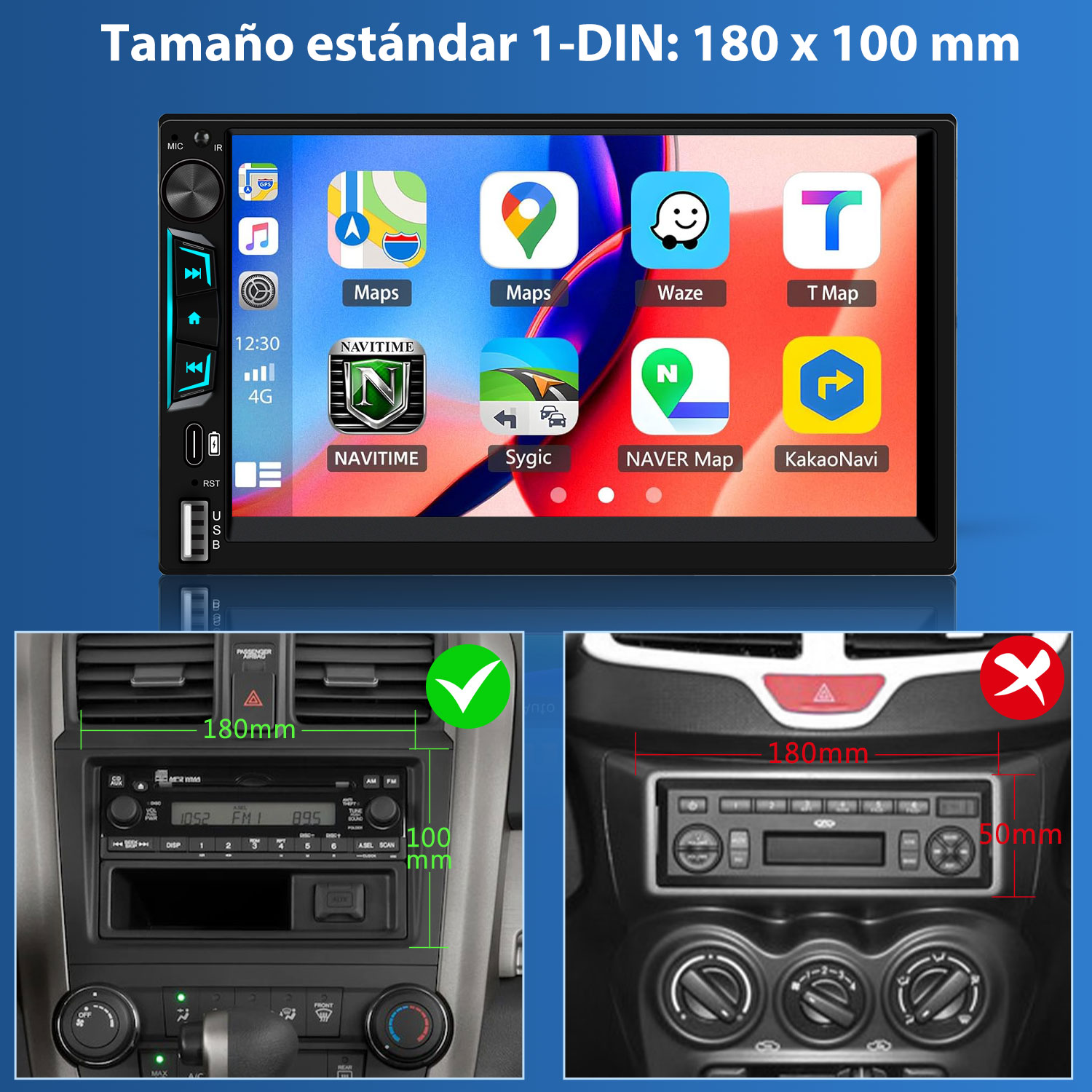 Pantalla de autorradio con apps, mostrando dimensiones de 1-DIN 180x100mm.