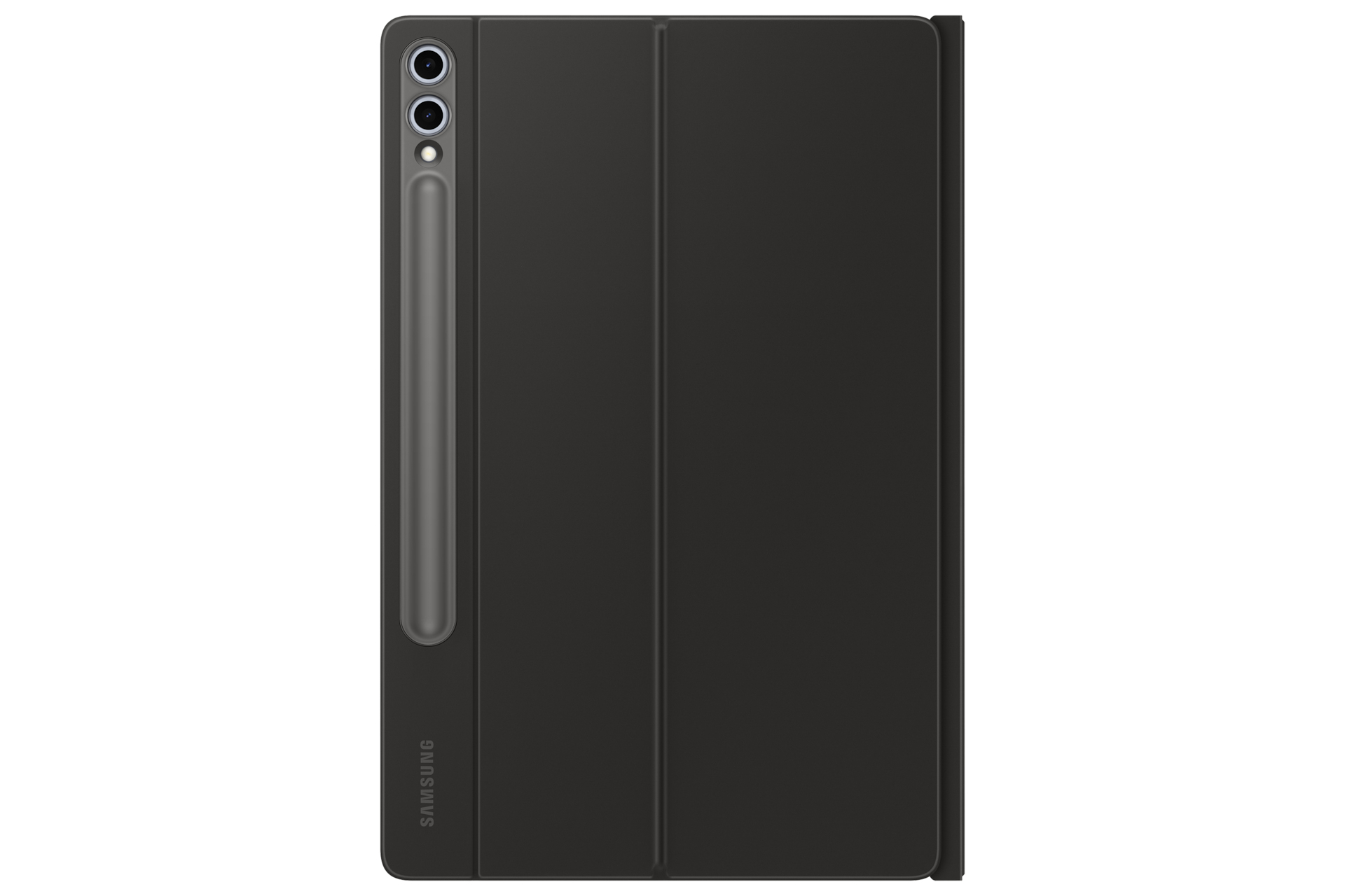 Étui noir pour tablette avec support de stylet et logo Samsung.