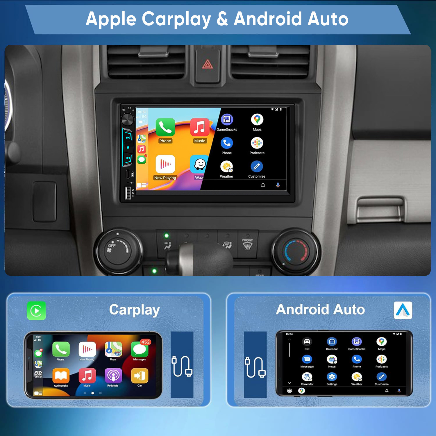 Sistema de infoentretenimiento para coche mostrando Apple CarPlay y Android Auto.