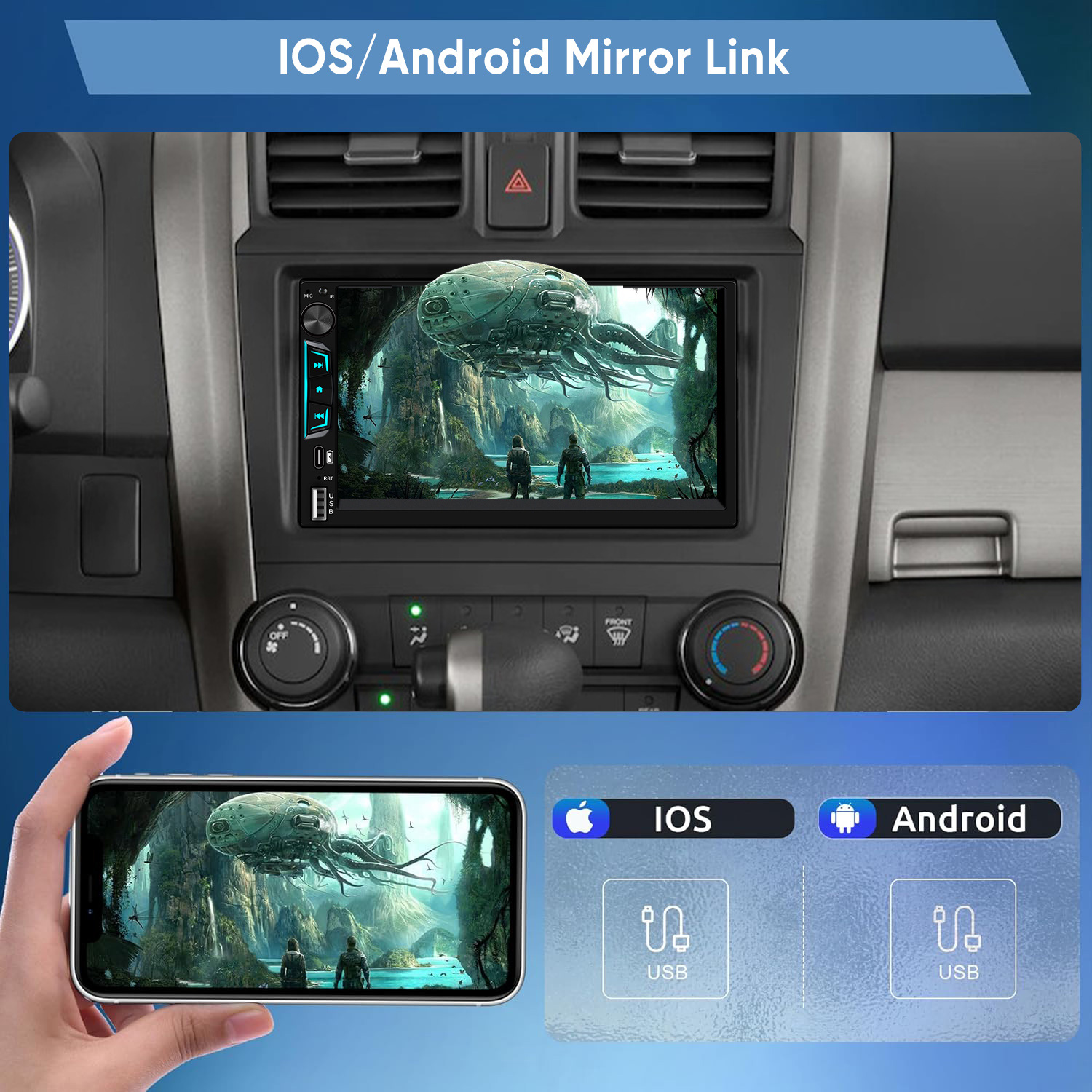 Un sistema de infoentretenimiento de coche muestra una escena alienígena en pantalla, con un móvil al lado.