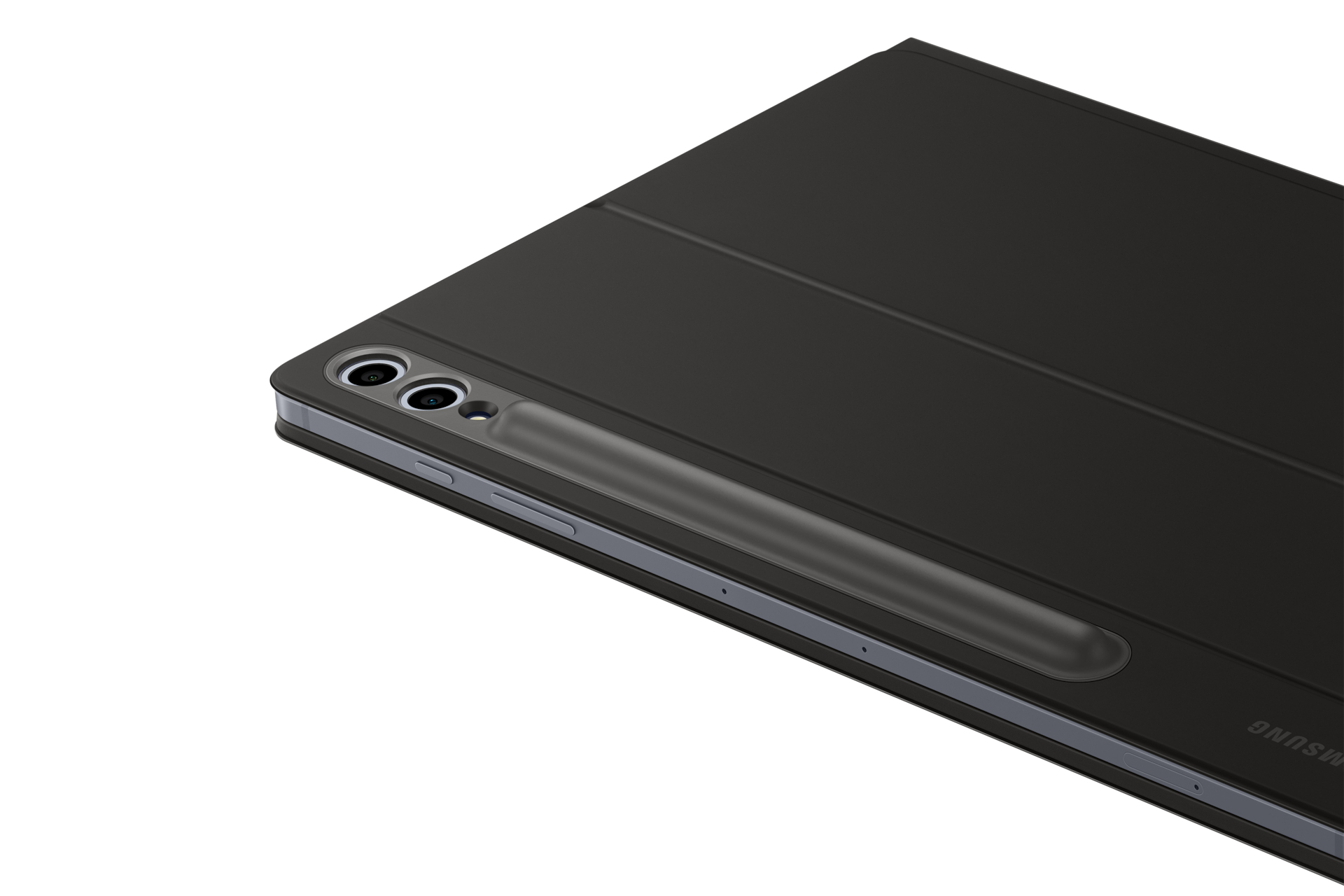 Tablette noire avec deux caméras et un support de stylo, vue rapprochée.