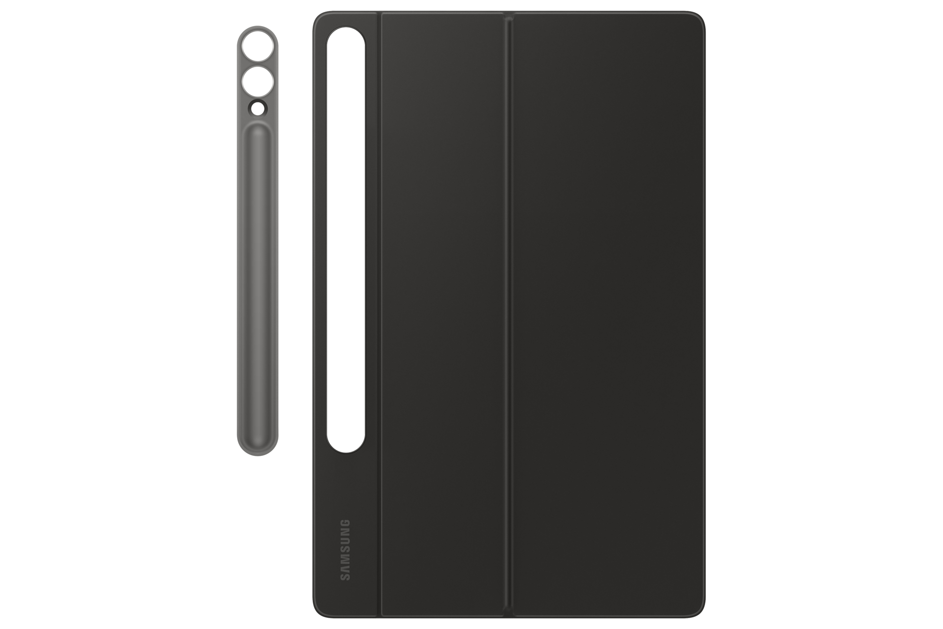 Un stylet gris et une housse de tablette sombre avec logo Samsung sur fond blanc.