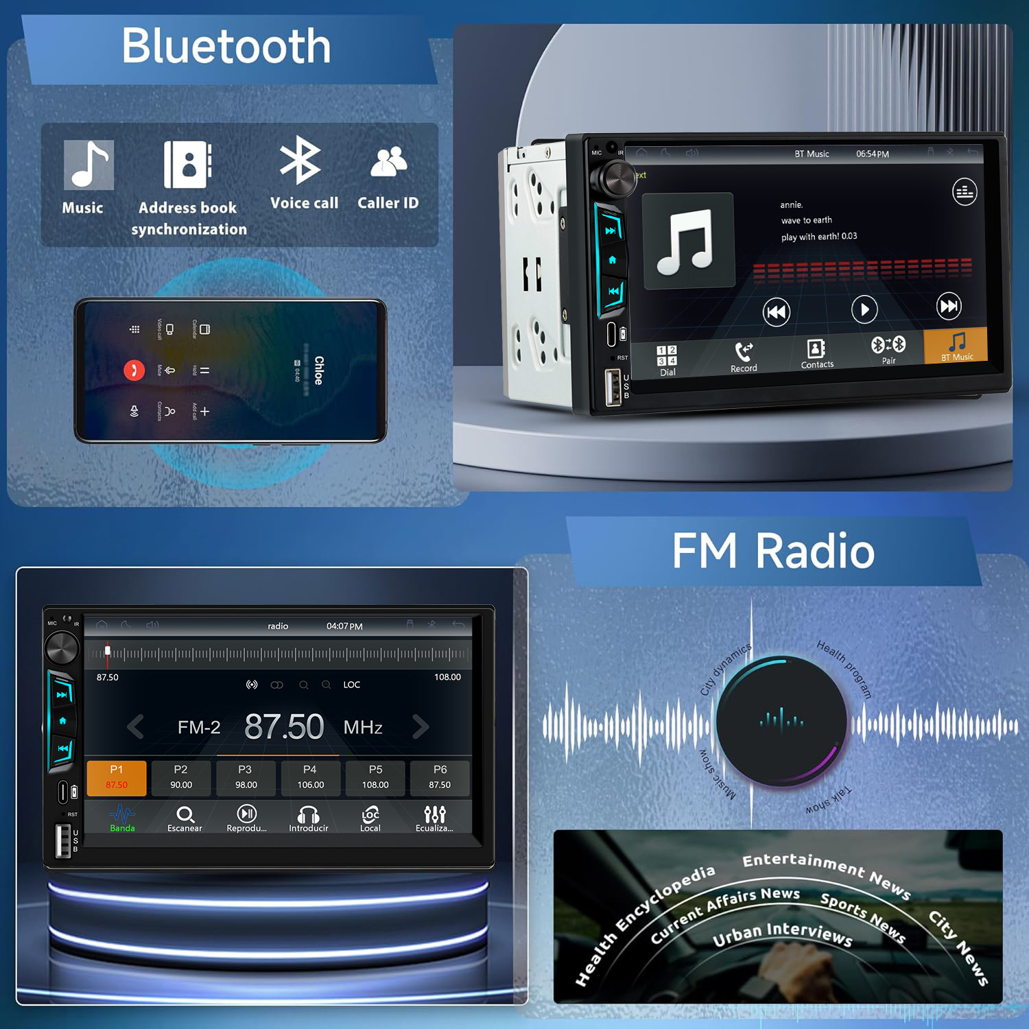 Infografía que muestra funciones Bluetooth, pantalla de smartphone, pantallas de autorradio y temas de radio FM.