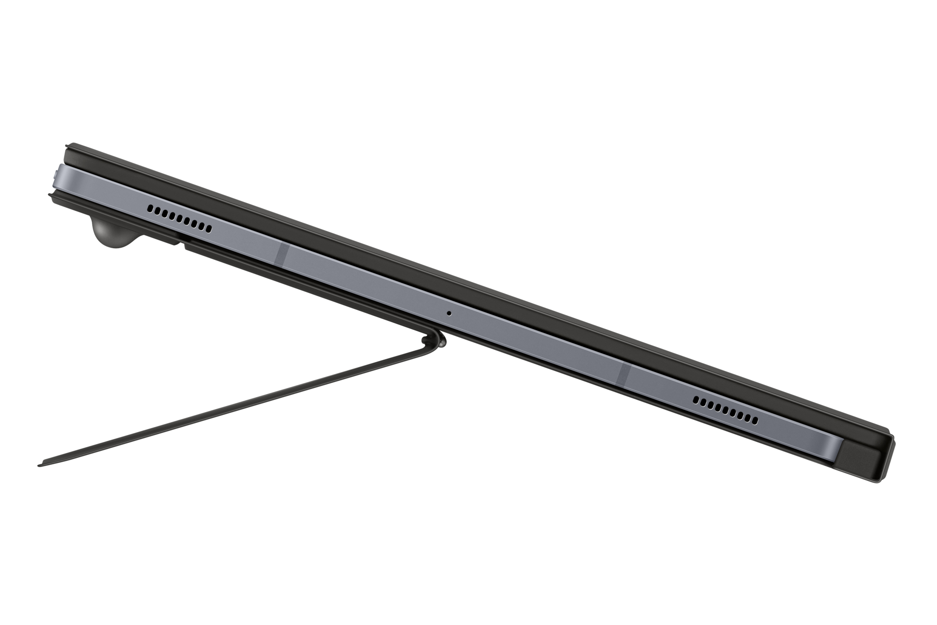 Une tablette noire avec un support, sur fond blanc.