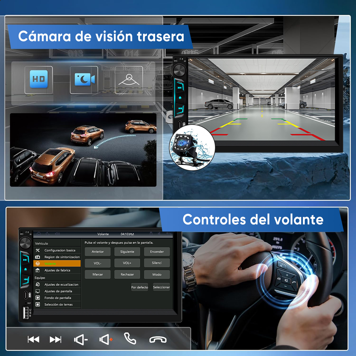 Sistema de infoentretenimiento del coche mostrando vistas de cámara trasera y controles del volante.