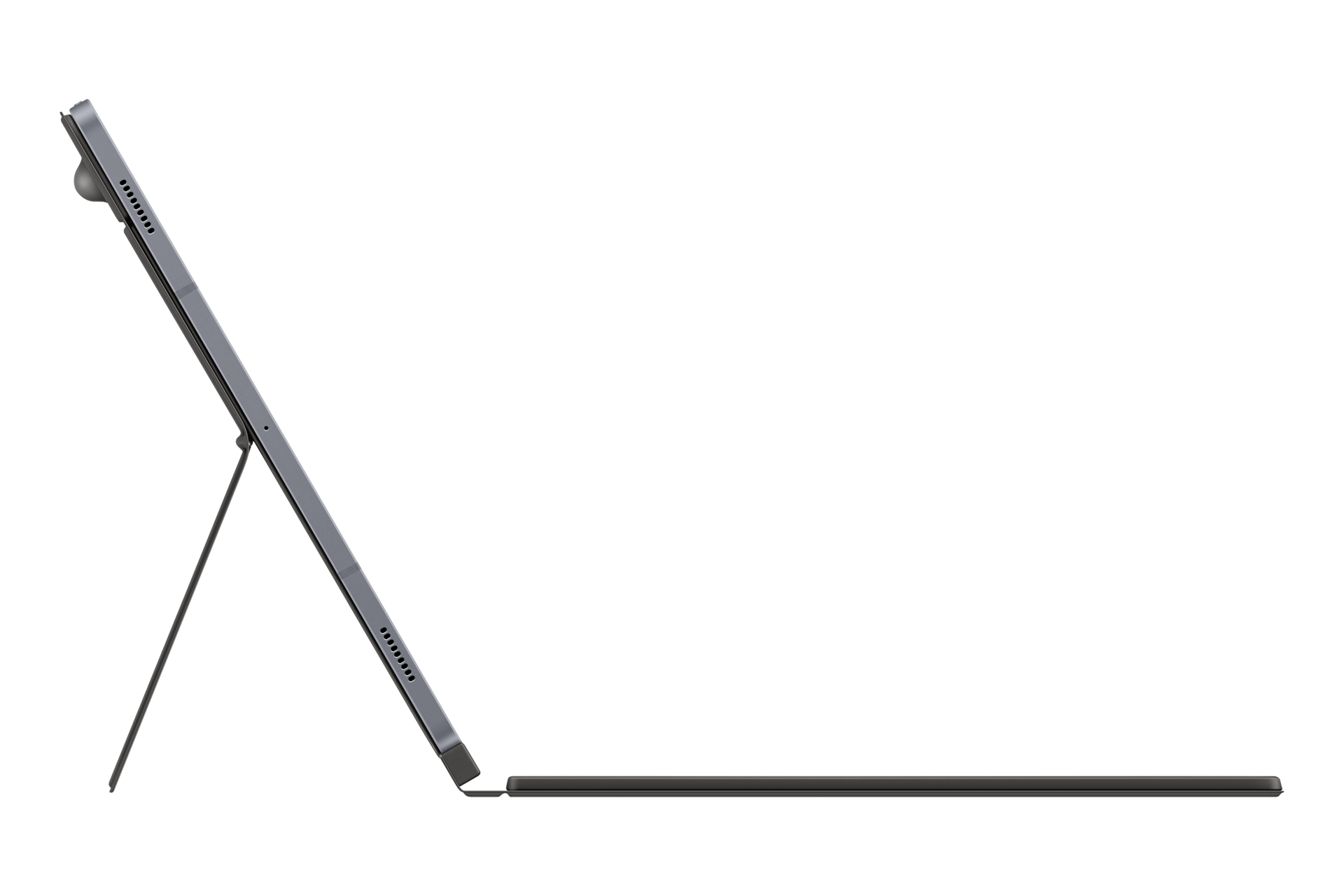 Tablette grise avec support et clavier sur fond blanc.