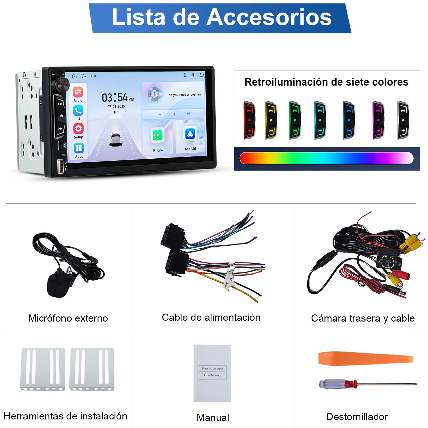 Radio de coche con accesorios: micrófono, cables, cámara, herramientas.
