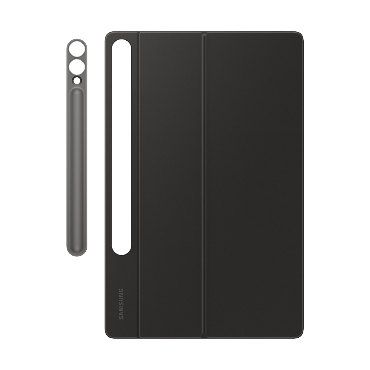 Un stylet pour tablette noir et une housse pour tablette noire avec logo Samsung.
