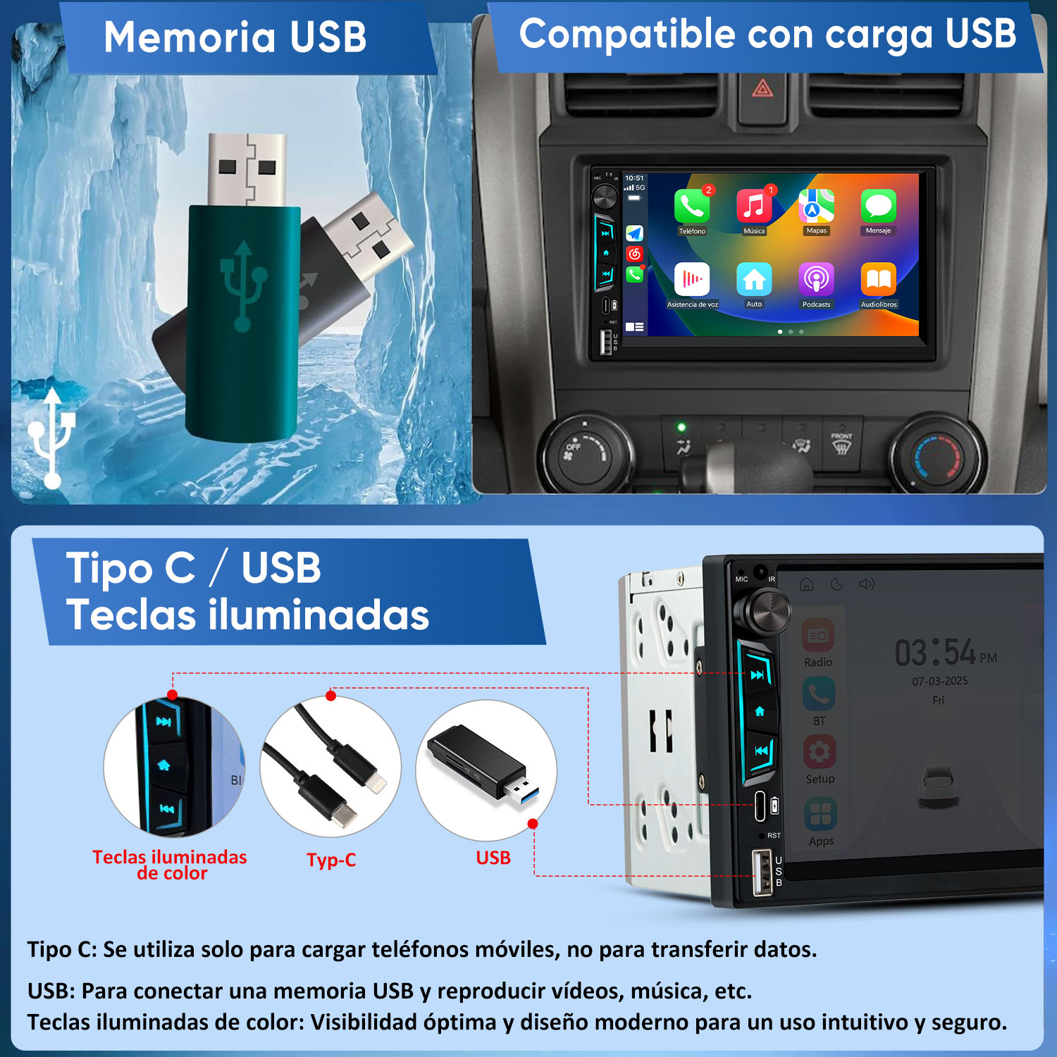 Memoria USB, pantalla de radio de coche con apps, puertos USB-C y USB.