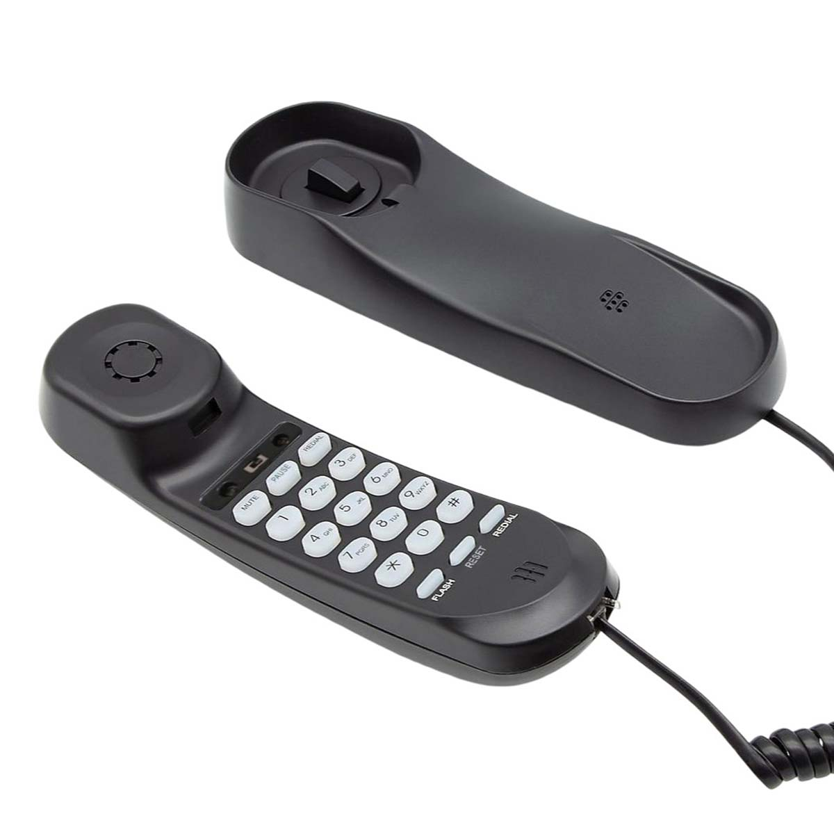 Teléfono negro con cable, teclado y auricular cerca.