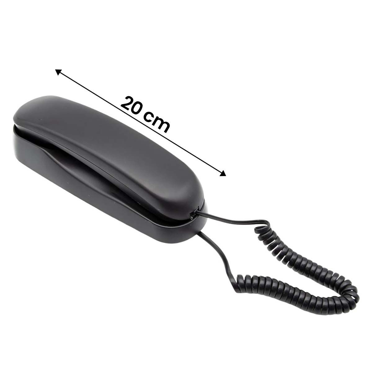 Auricular de teléfono negro con indicador de 20 cm sobre fondo blanco.