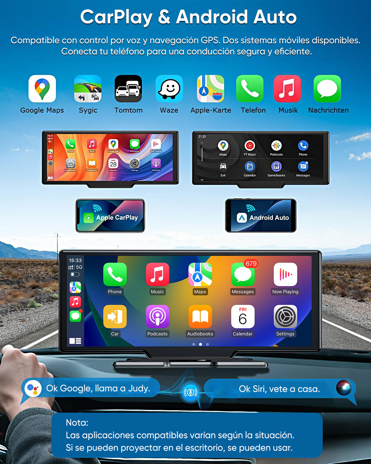 Infografía muestra CarPlay y Android Auto con iconos de apps y pantallas de smartphone en un coche.