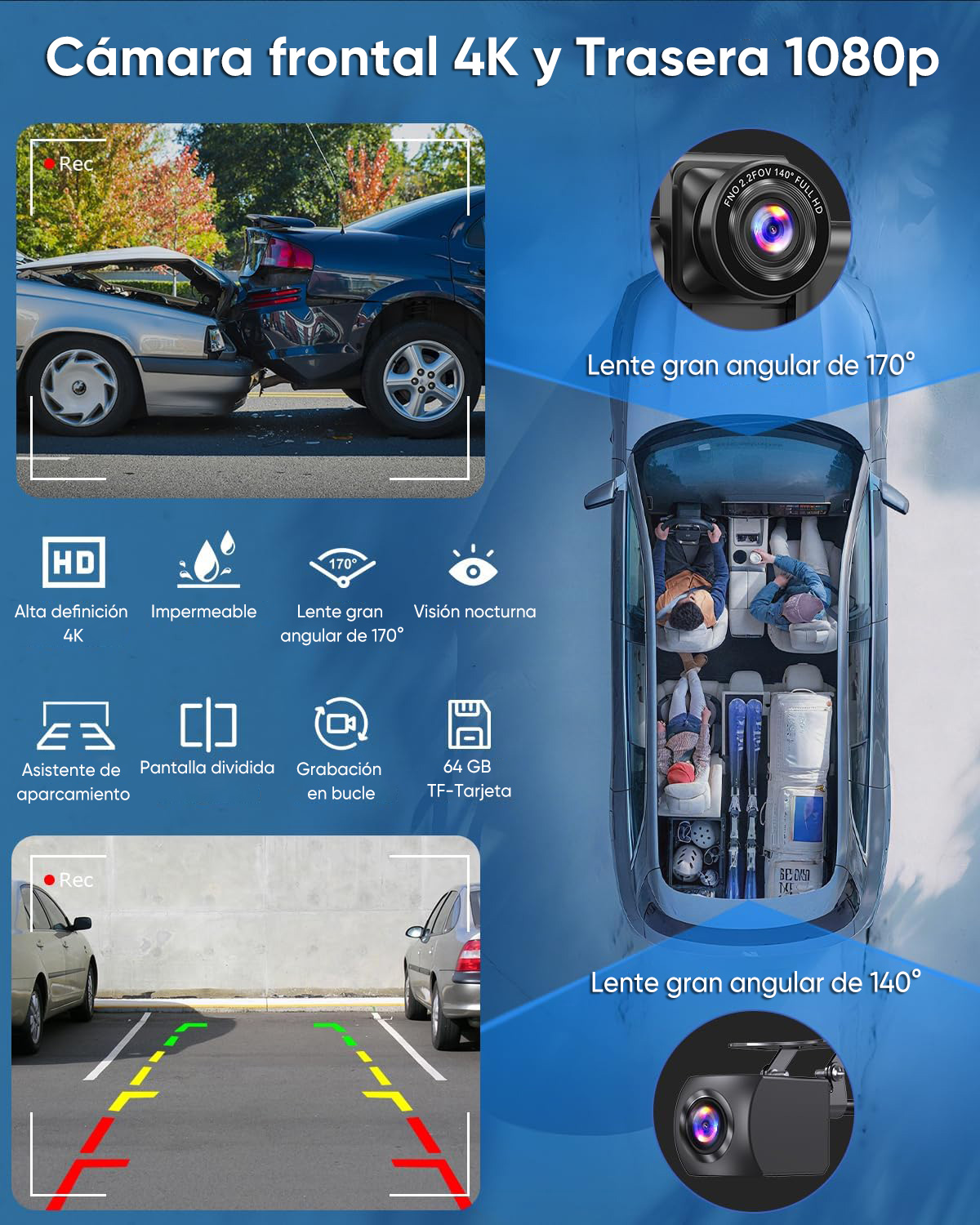Publicidad de una cámara de salpicadero para coche con funciones.