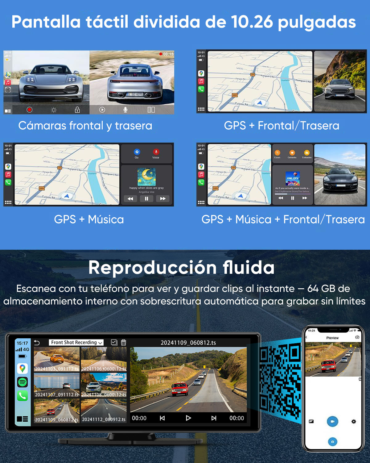 Pantalla táctil dividida muestra coches, mapas y apps de música.