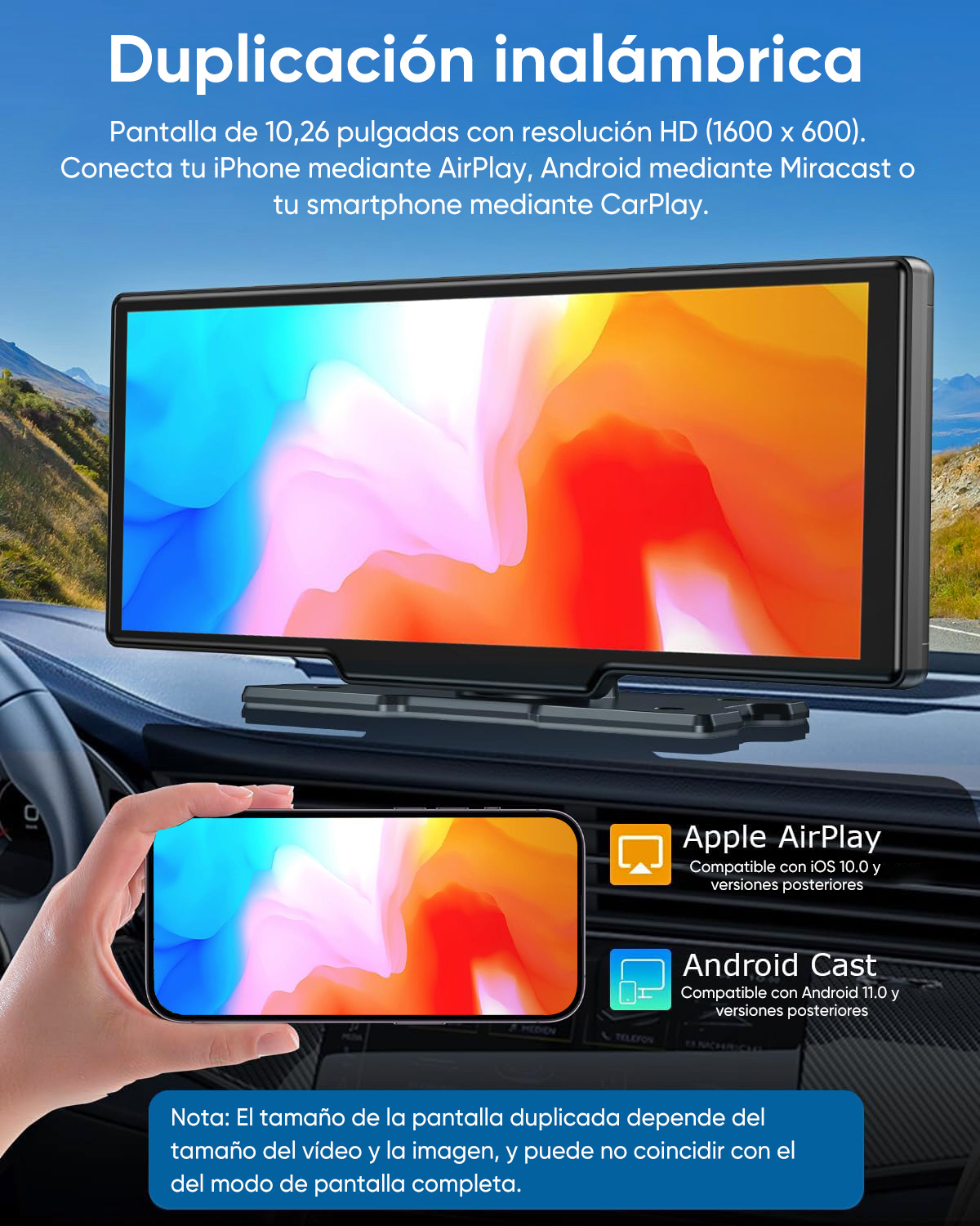 Una pantalla de coche de 10,26 pulgadas que muestra un smartphone con AirPlay/Android Cast.