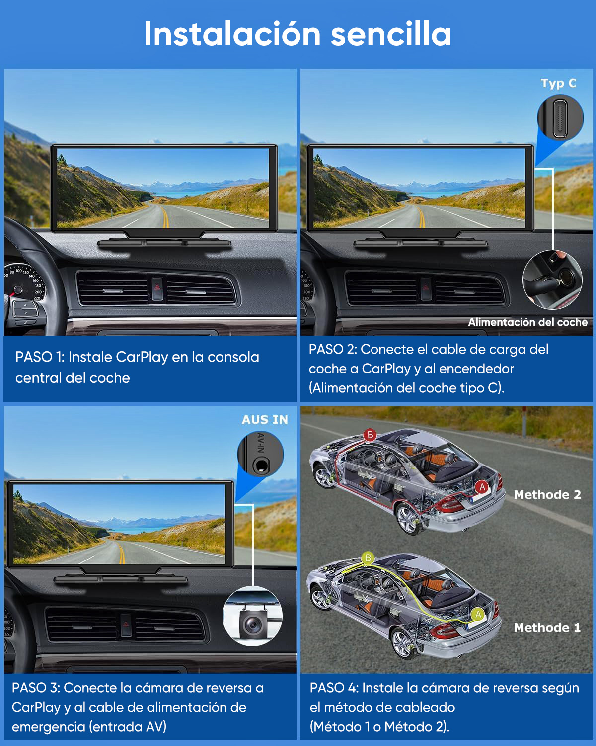 Guía paso a paso para instalar CarPlay y cámara de marcha atrás en un coche.